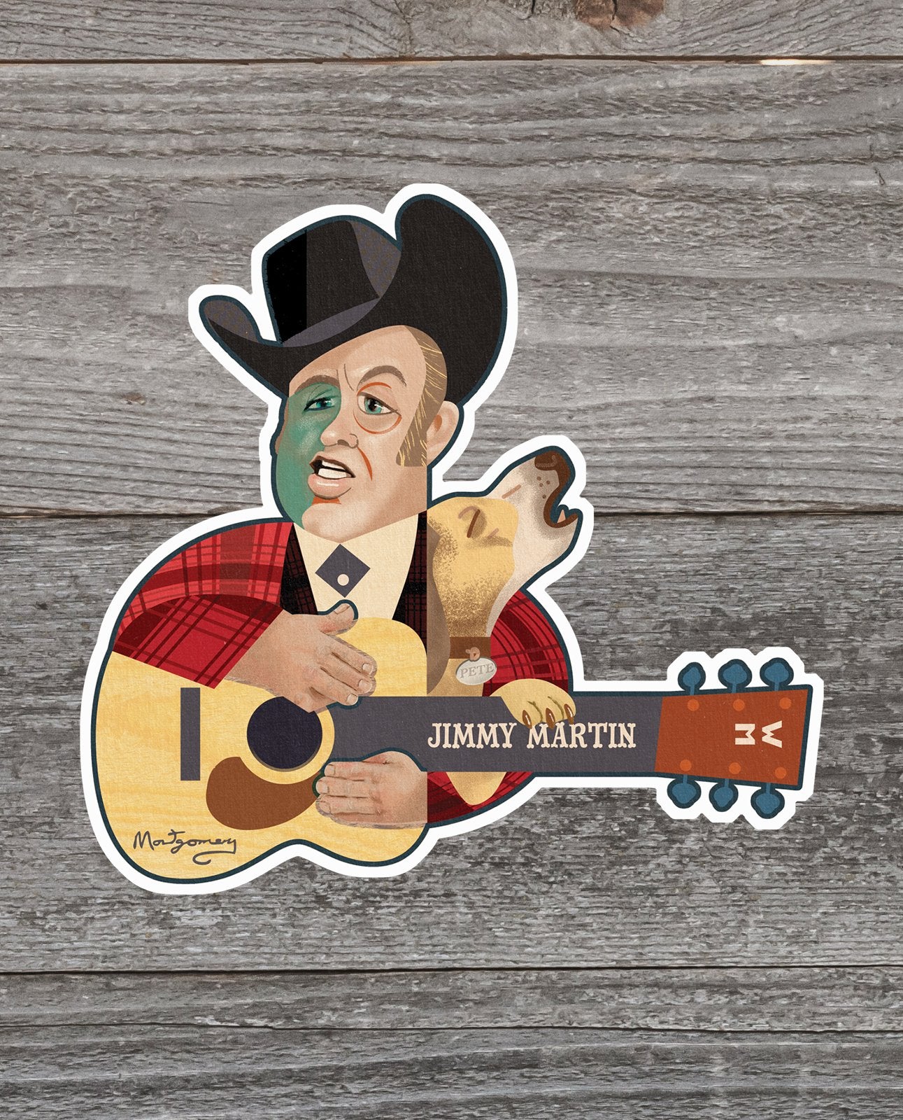 The Acoustic Shoppe’s Jimmy Martin Sticker by Mark A Montgomery features a man in a cowboy hat and plaid shirt playing guitar beside a howling dog, set against wood—an ideal pick for music lovers or Eastman dealers specializing in acoustic gear.