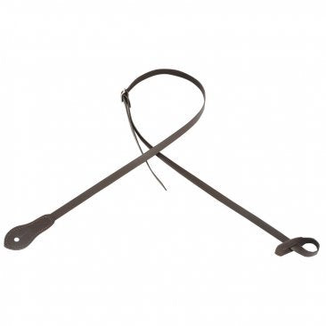 The Levy's Veg-Tan Leather Mandolin Strap (M19DX-DBR) by Levy's Leather features dark brown veg-tan leather with a buckle at one end and a loop at the other, displayed in a loose, crossed position on a white background.