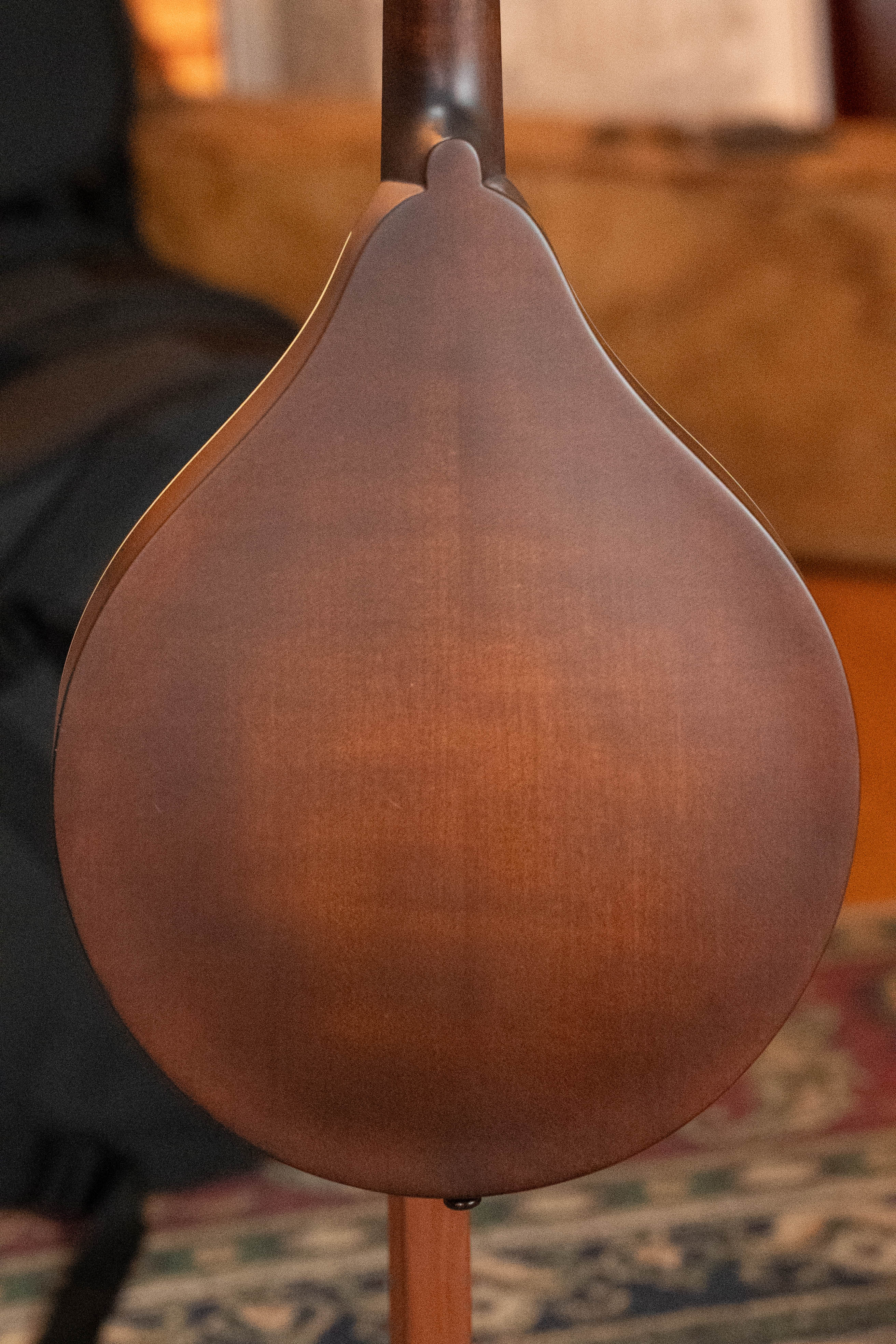 A close-up of the Eastman Guitars MD305 Spruce/Maple A-Style Hand-Carved Mandolin #3317 highlights its smooth, teardrop-shaped back and rich brown finish against a softly blurred, warm-toned background, emphasizing its classic elegance.