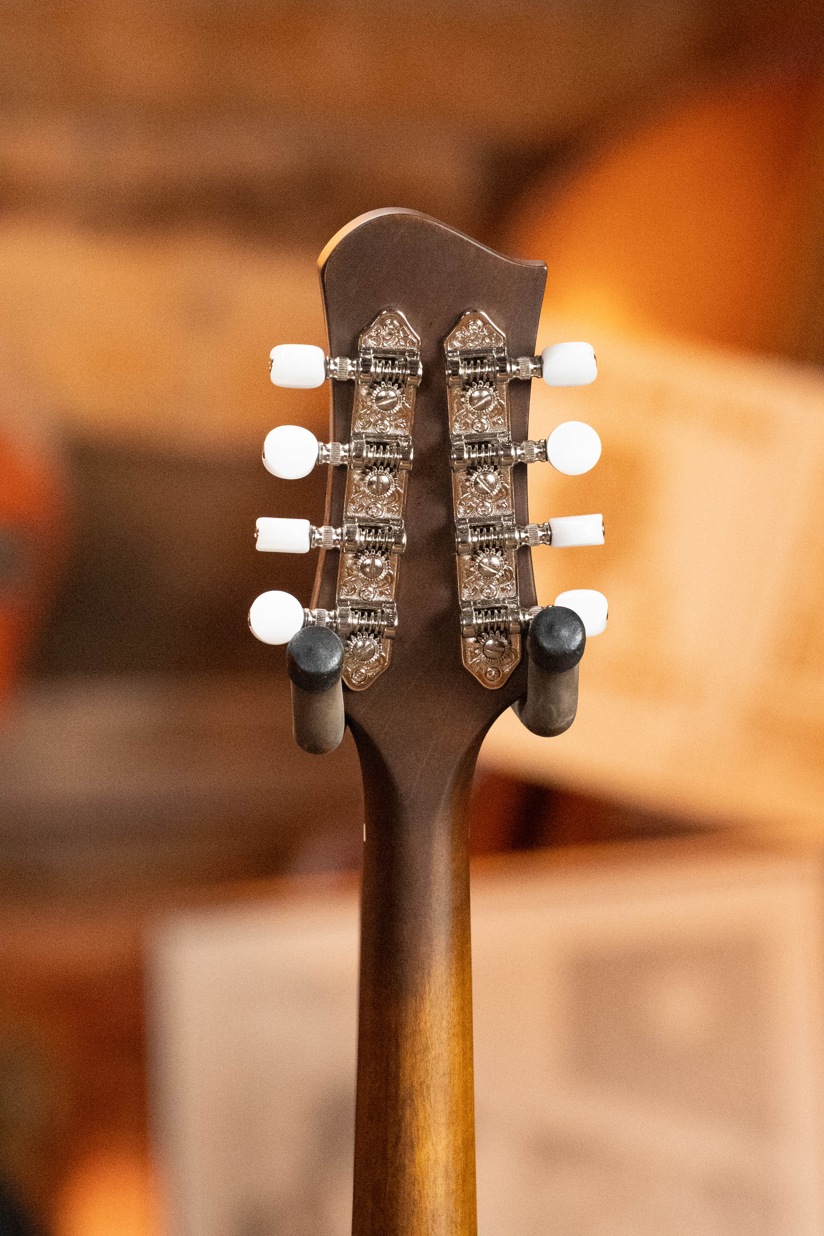 Close-up of the back of an Eastman MD305 Spruce/Maple A-Style Hand-Carved Mandolin #3596 headstock by Eastman Guitars, showing two rows of metal tuning pegs with white knobs against a softly blurred, warm-toned background.