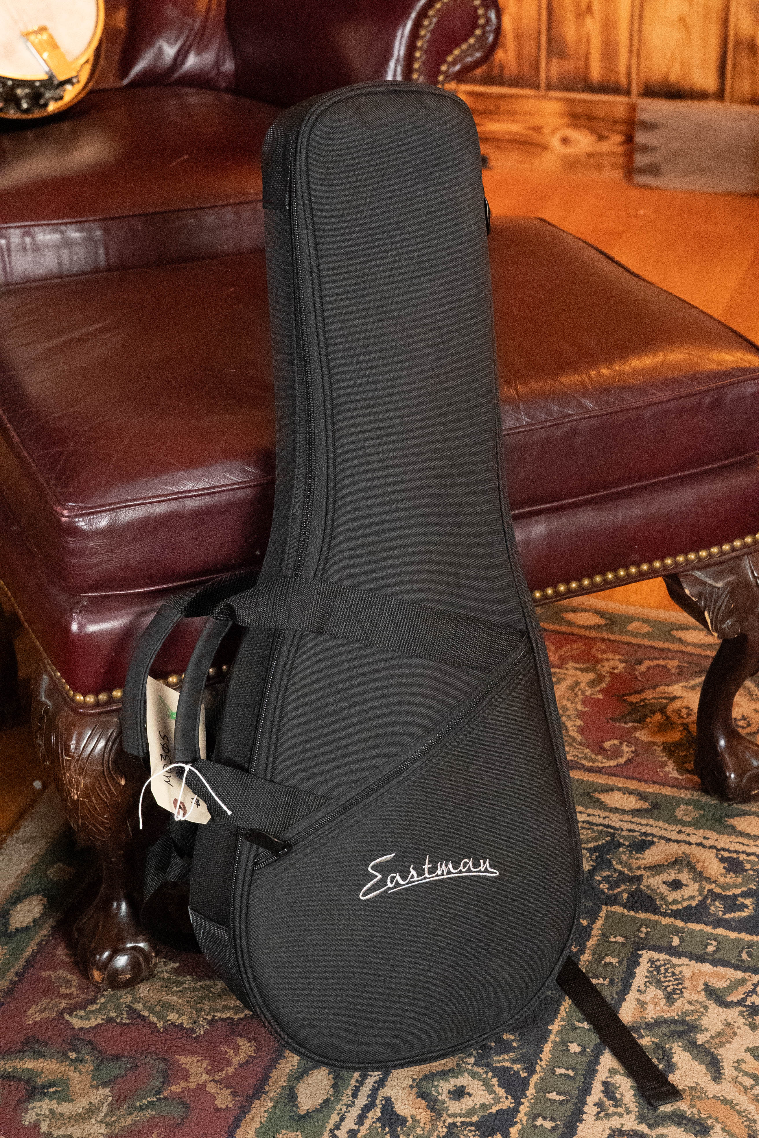 An Eastman Guitars MD305 Spruce/Maple A-Style Hand-Carved Mandolin #3596 leans on a brown leather chair, its black padded case nearby, against wood paneling and a patterned rug.