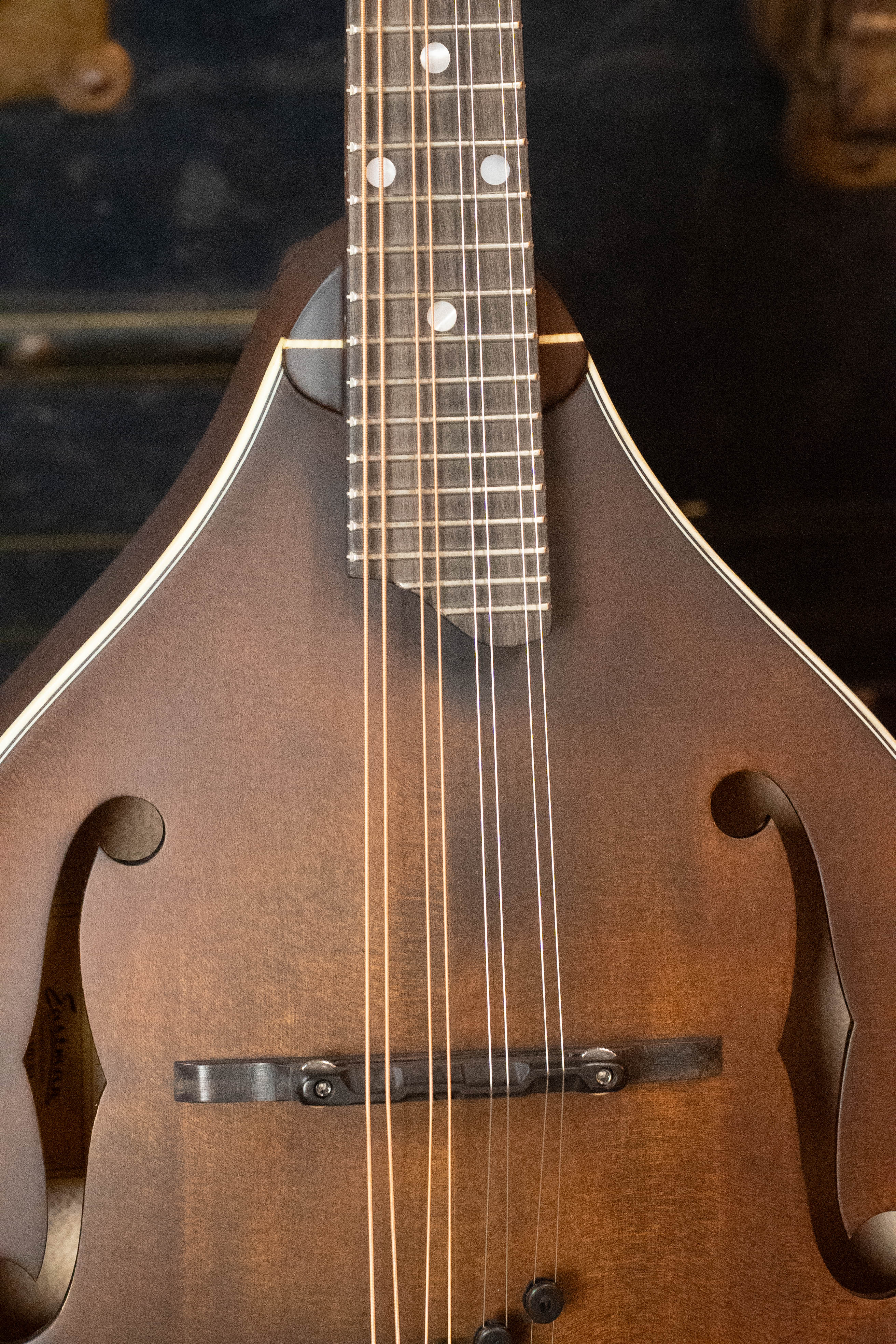 Close-up of the Eastman Guitars MD305 Spruce/Maple A-Style Hand-Carved Mandolin #3596 shows its f-shaped sound holes, light trim, solid spruce carved top, detailed wood grain, and a portion of the neck.