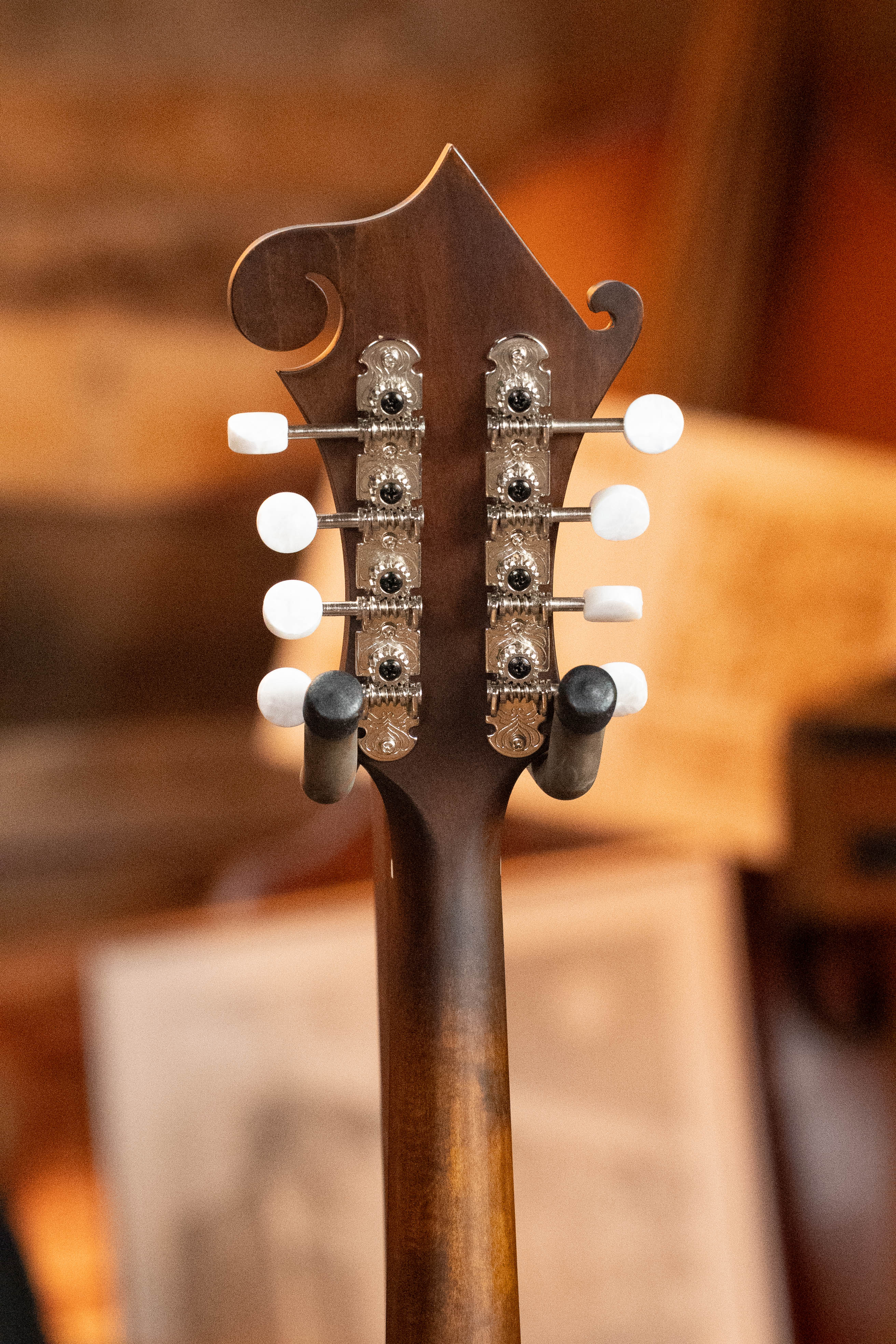 Close-up of the Eastman MD315 F-Style Hand-Carved Mandolin #0917 headstock by Eastman Guitars, featuring metal tuning pegs with white knobs and a carved scroll, highlighting the bluegrass mandolin’s fine craftsmanship.