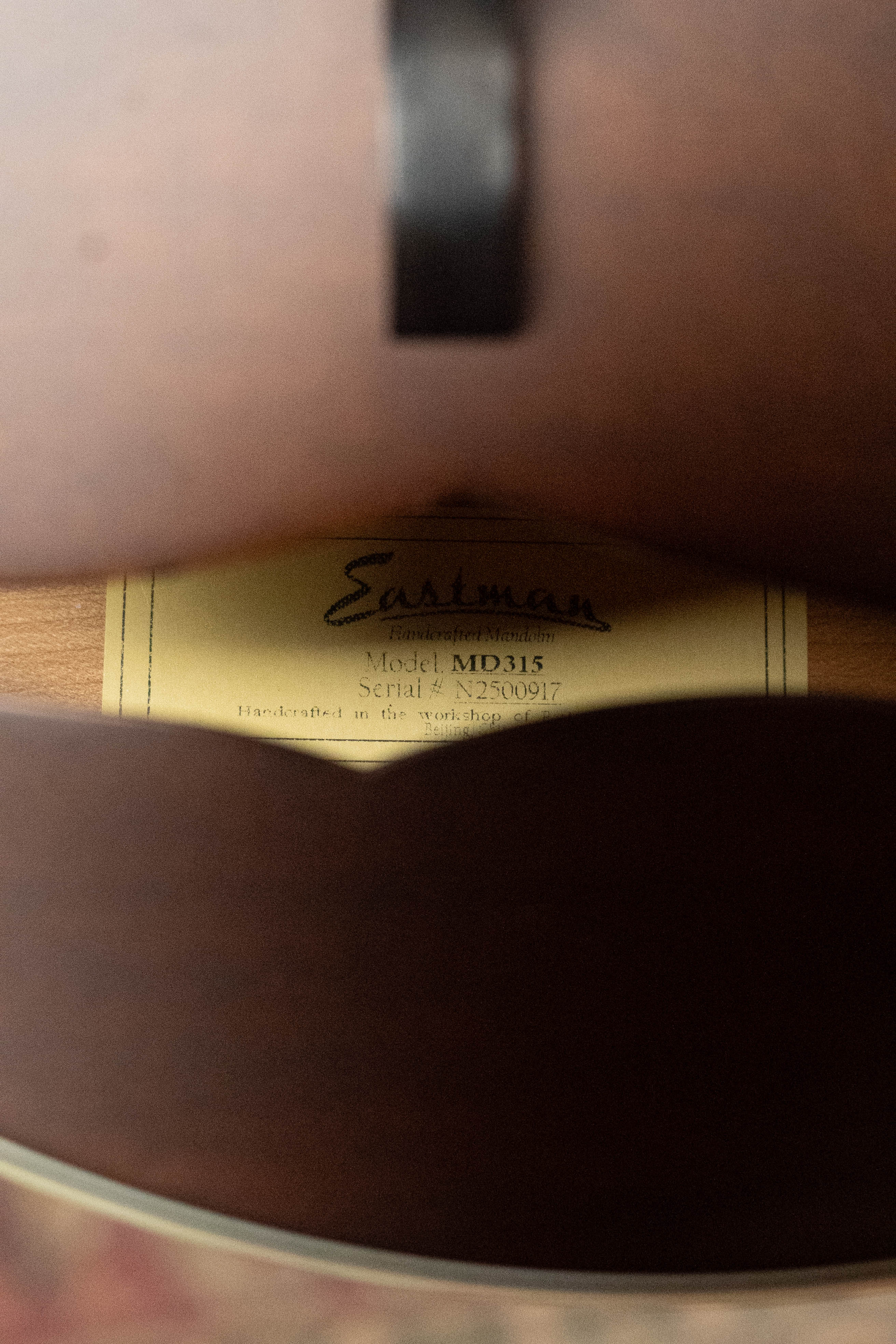Close-up of the label inside an Eastman Guitars MD315 F-Style Hand-Carved Mandolin #0917, partially shadowed.