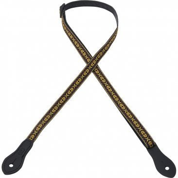 Levy's Leather Jacquard Weave Mandolin/Ukulele Strap (MJ19UKE-002) features a black and yellow pattern with leather ends, shown in an X shape on a white background—ideal for mandolins or ukuleles.
