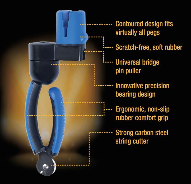 The Music Nomad GRIP ONE (MN223) is an all-in-one blue and black string winder, cutter, and puller for stringed instruments, with a contoured design, scratch-free rubber, ergonomic grip, universal pin puller, and carbon steel cutter.