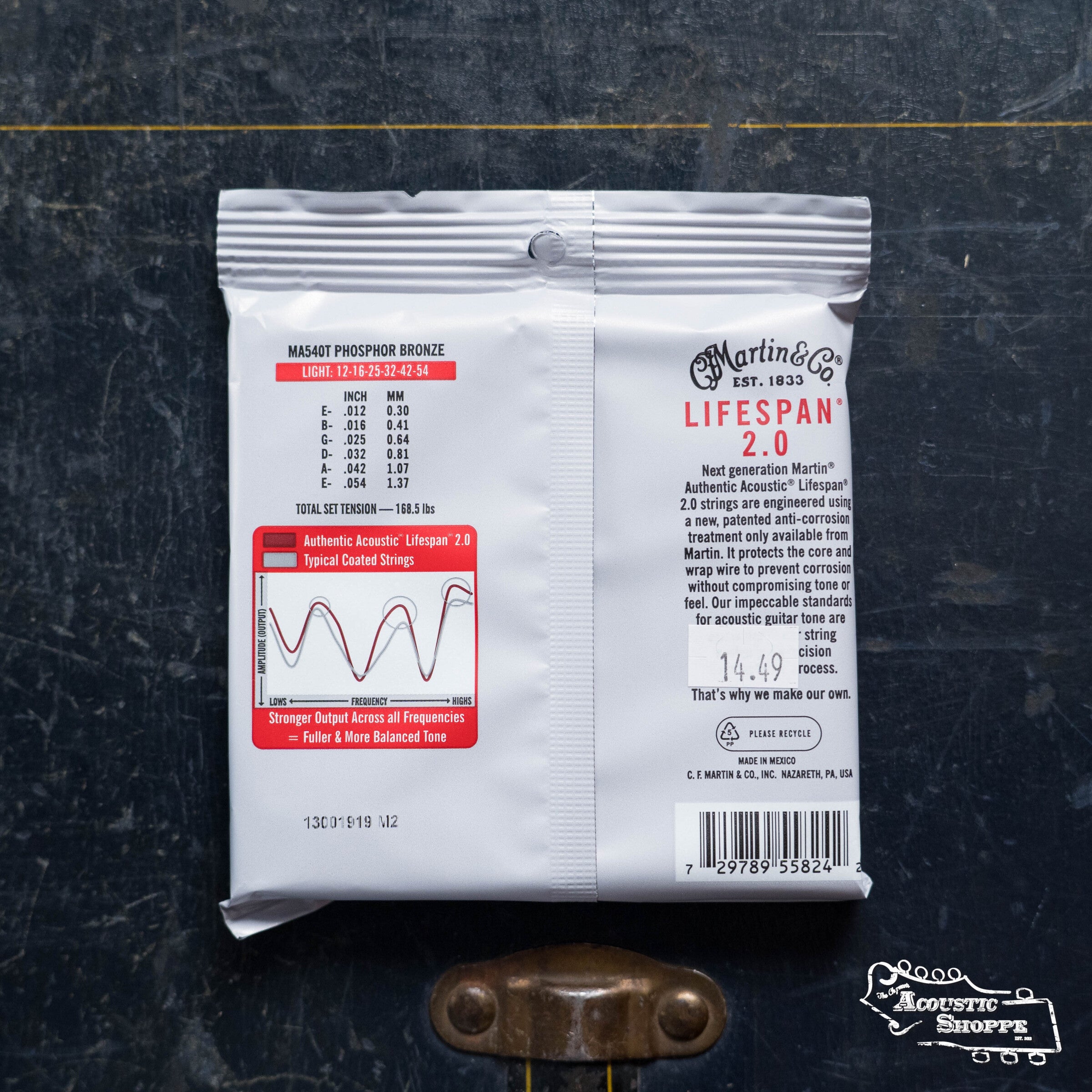 A white pack of Martin & Co. Authentic Light Acoustic Lifespan 2.0 Phosphor Bronze guitar strings rests on a dark surface, showing string gauges, a red chart, and details on the back. The Acoustic Shoppe logo marks these anti-corrosion strings.