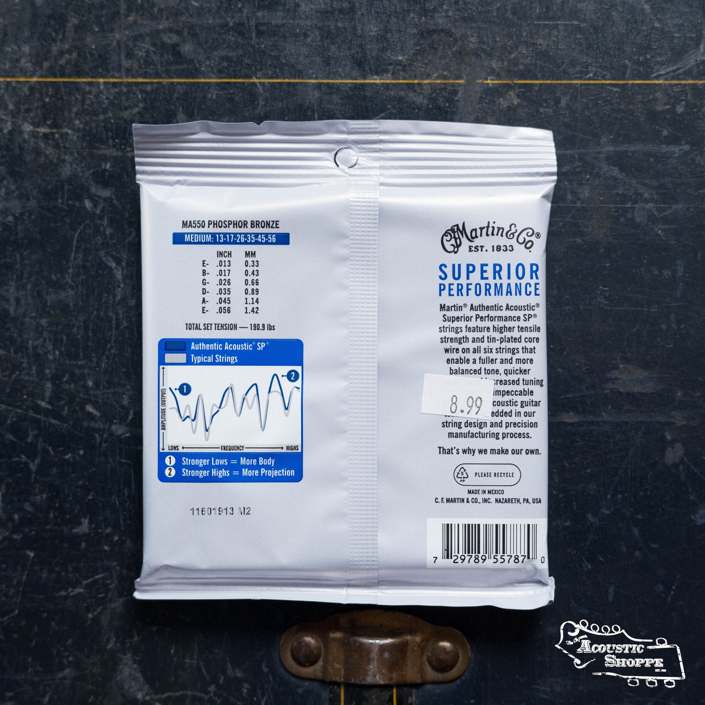 A white packet of Martin & Co. Martin Authentic Medium Acoustic SP Guitar Strings - Silk & Steel 41Y18MA550 rests on a dark surface, showing product details, a barcode, and a blue chart for tuning stability and performance.