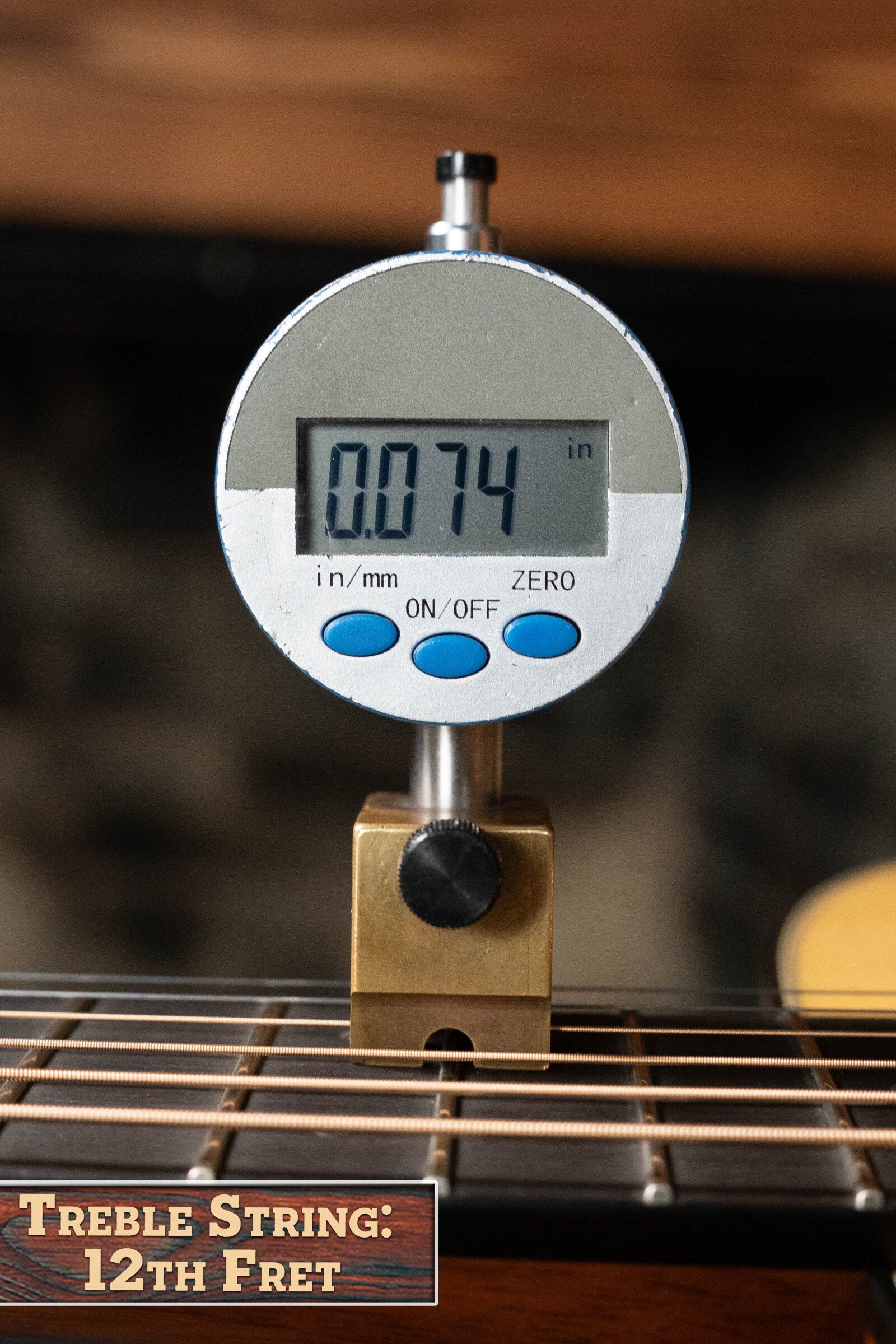A digital gauge shows a 0.074-inch treble string height at the 12th fret on a Martin Custom Shop D-18V Adirondack/Mahogany Dreadnought Acoustic Guitar #6905 by Martin & Co., with a "Treble String: 12th Fret" label at the bottom left.