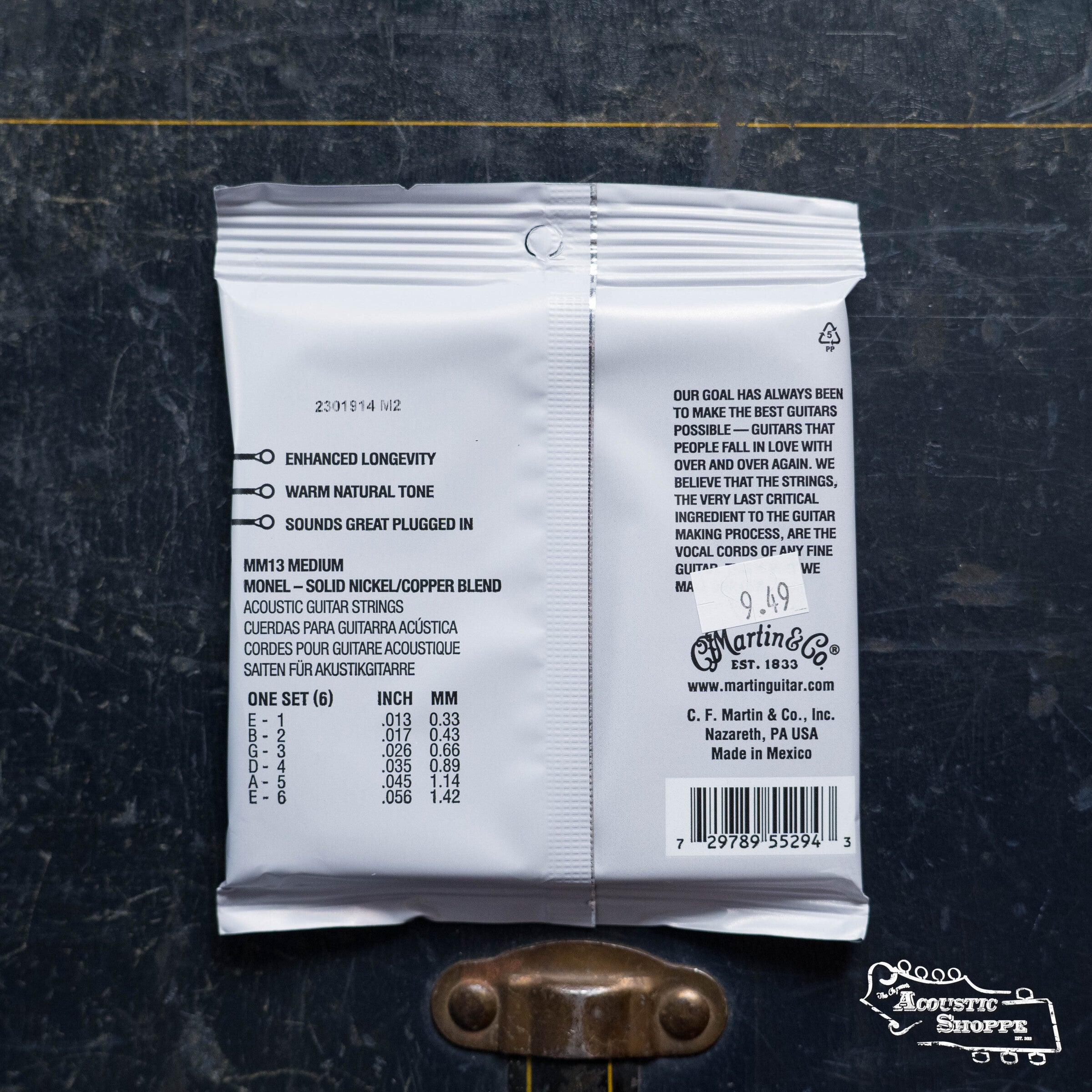 The back of the Martin & Co. Retro Medium Acoustic Guitar Strings (41Y19MM13) pack displays nickel/copper alloy string features, company info, barcode, and a product description on a dark textured background with a latch at the bottom.