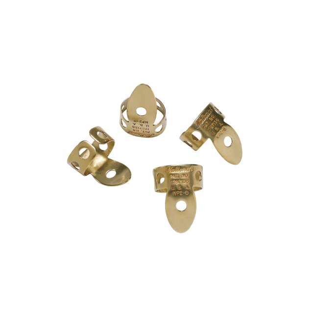 Six small, gold-colored DAddario NP2B7T8W-06 National Brass Finger Picks are arranged on a white background, each engraved and rounded—ideal acoustic music accessories from DAddario.