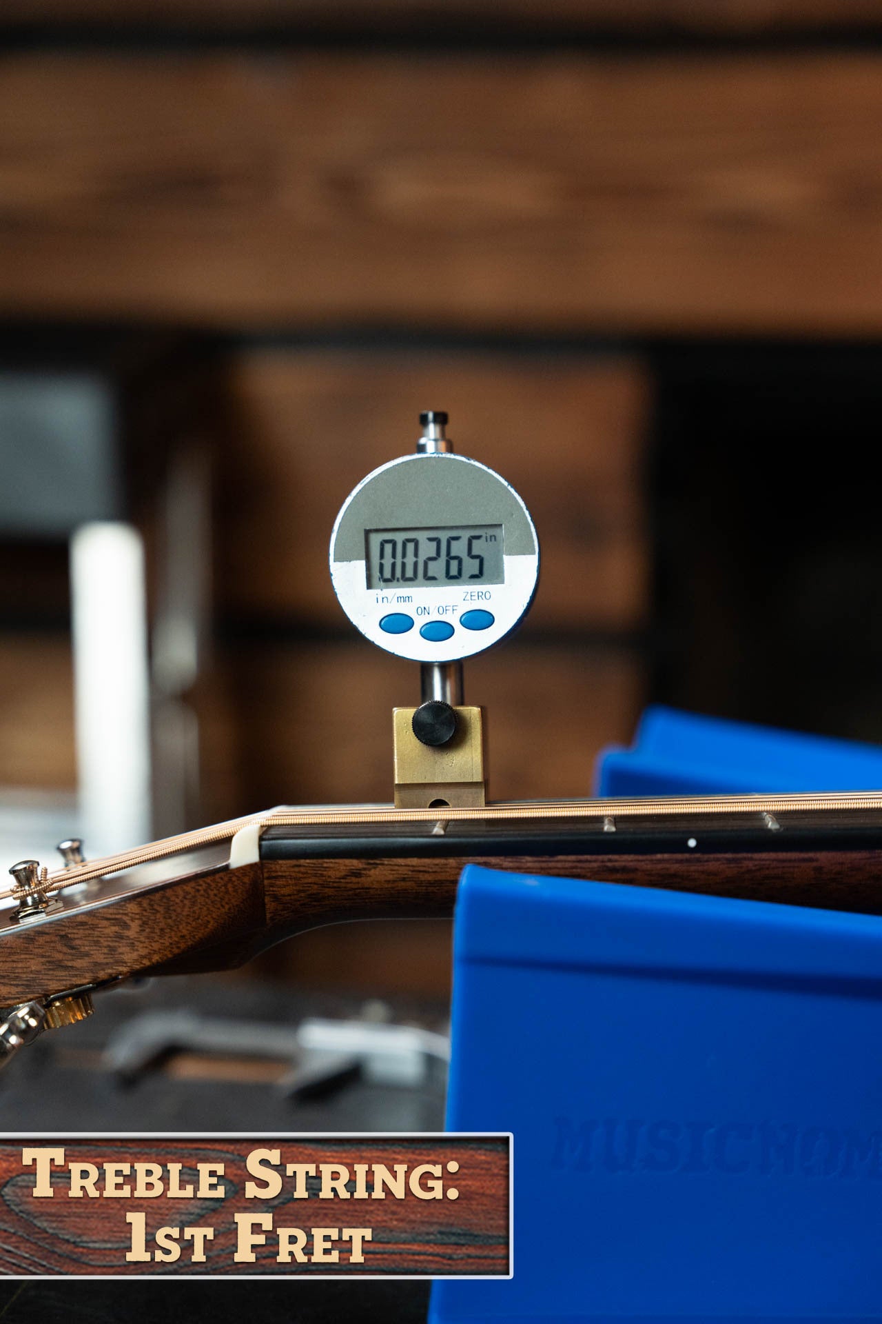 A digital gauge shows the string height at the first fret as 0.0265 inches on the *New 2025 Model* Martin D-28 Gloss Spruce/Indian Rosewood Dreadnought Acoustic Guitar #0650 by Martin & Co. Text overlay: Treble String: 1st Fret.