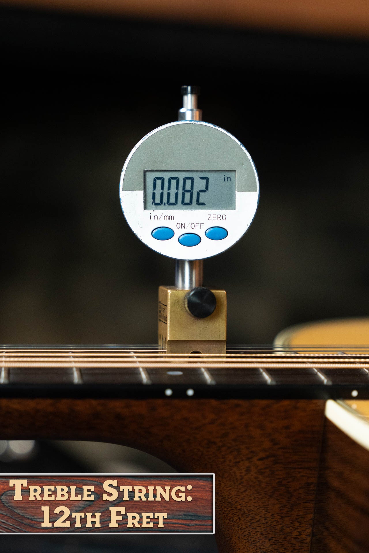 A digital gauge shows a 0.082-inch string height above the 12th fret of a *New 2025 Model* Martin & Co. D-28 Gloss Spruce/Indian Rosewood Dreadnought Acoustic Guitar #0650. Text below reads: Treble String: 12th Fret.