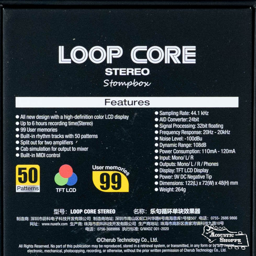 Back of the NUX Loop Core Stereo box displays stereo looper features, product specs, icons for 50 drum patterns and 99 user memories, MIDI logo, and NUX contact details.