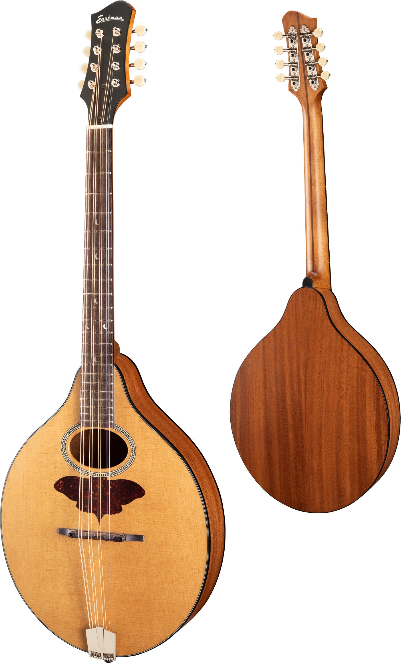 Front and back views of the *Pre-Order Deposit ONLY* Eastman Lady Moon Signature Octave Mandolin by Eastman Guitars—a teardrop-shaped instrument with a light wood top, dark wood back, elongated neck, and tuning pegs.