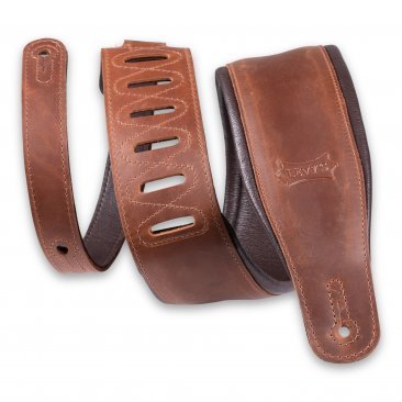 Levys 3.25 Wide Butter Leather Guitar Strap (PM32BH-BRN) features adjustable slots, reinforced stitching, and an embossed logo on the wide shoulder pad for comfort and style. Brand: Levys Leather.