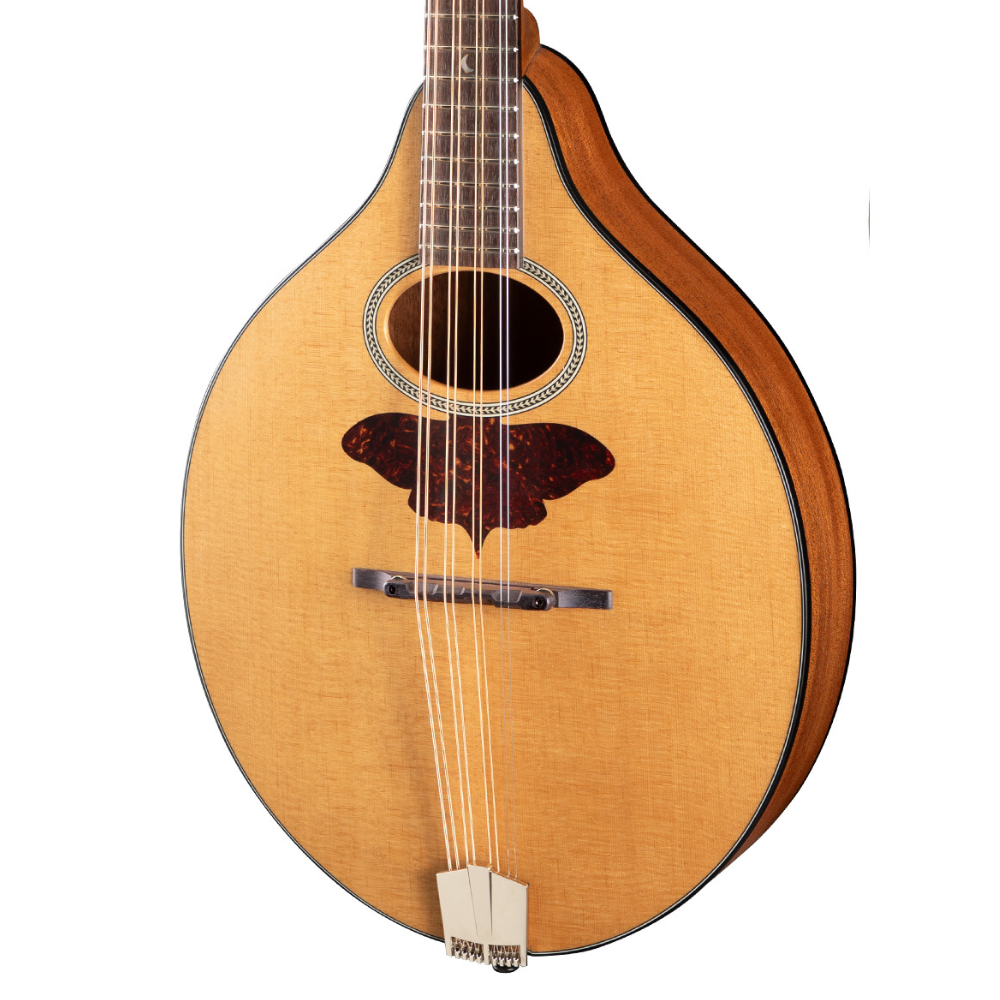 A close-up of the Eastman Guitars Lady Moon Signature Octave Mandolin shows its light wood body, eight strings, dark pickguard, and decorative rosette—available now with a pre-order deposit only.