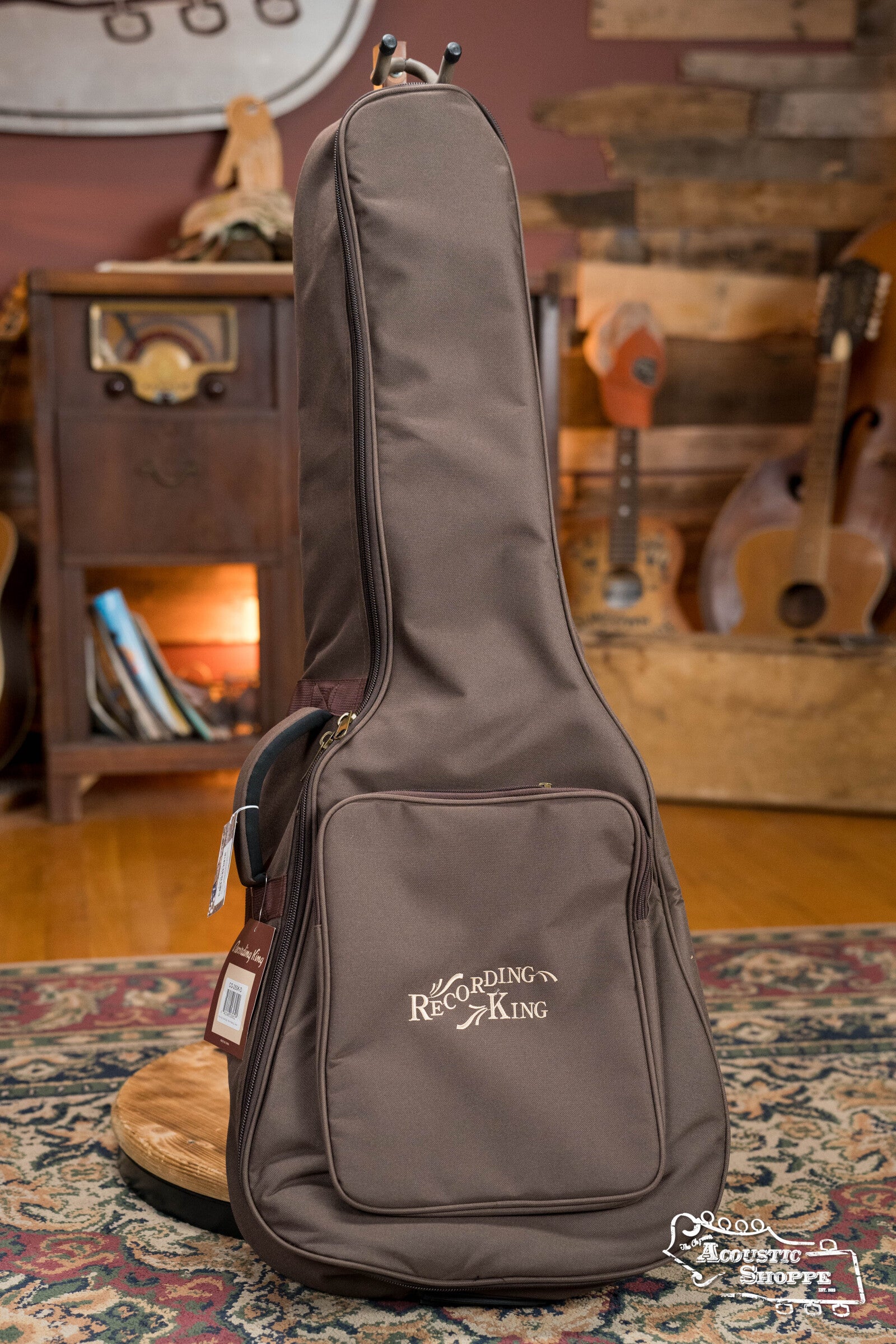 The Music Link Recording King 250 Series CG-250K-D Dreadnought Gig Bag stands upright on a patterned rug in a cozy room with wooden walls, guitars, and a cabinet in the background.