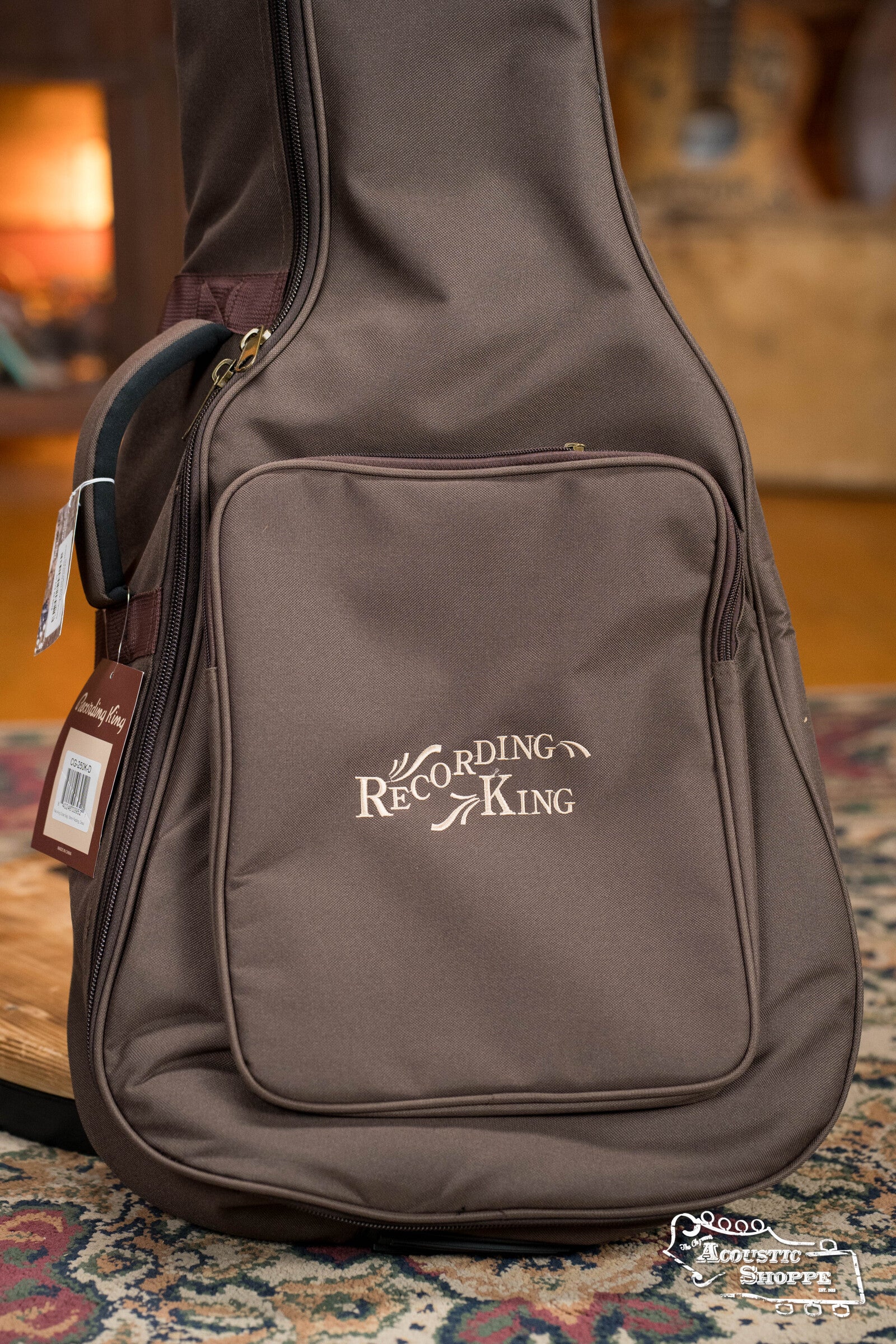 A Recording King 250 Series CG-250K-D Dreadnought gig bag by The Music Link, featuring its name on the large front pocket, rests on a patterned rug with a blurred guitar in the background.
