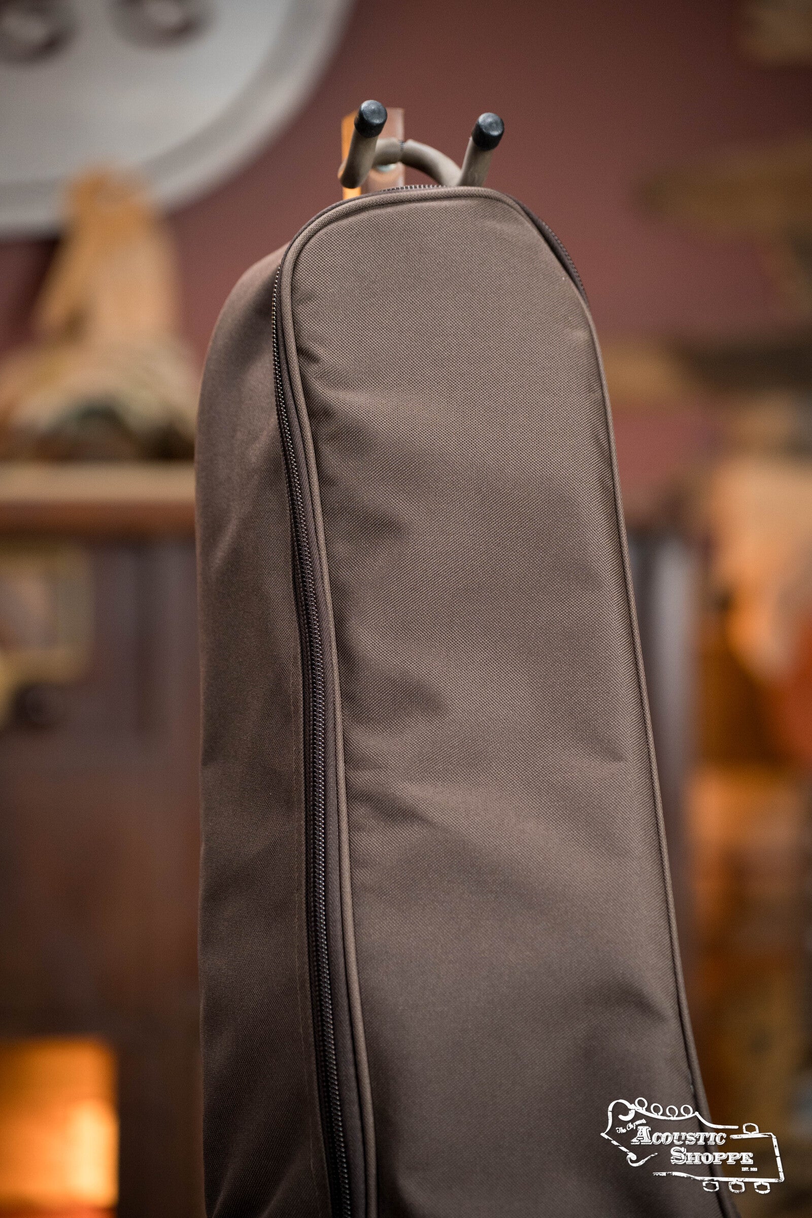 The Music Link Recording King 250 Series CG-250K-D Dreadnought Gig Bag stands upright with two small handles at the top. The softly blurred background shows warm tones and the Acoustic Shoppe logo in the lower right corner.