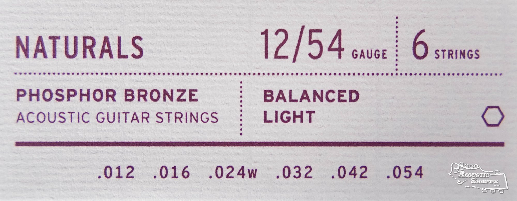 Close-up of Stringjoy Naturals Light Gauge (12-54) Phosphor Bronze Acoustic Guitar Strings packaging for 6-string guitars, labeled “balanced light,” with string gauges .012, .016, .024w, .032, .042, and .054.