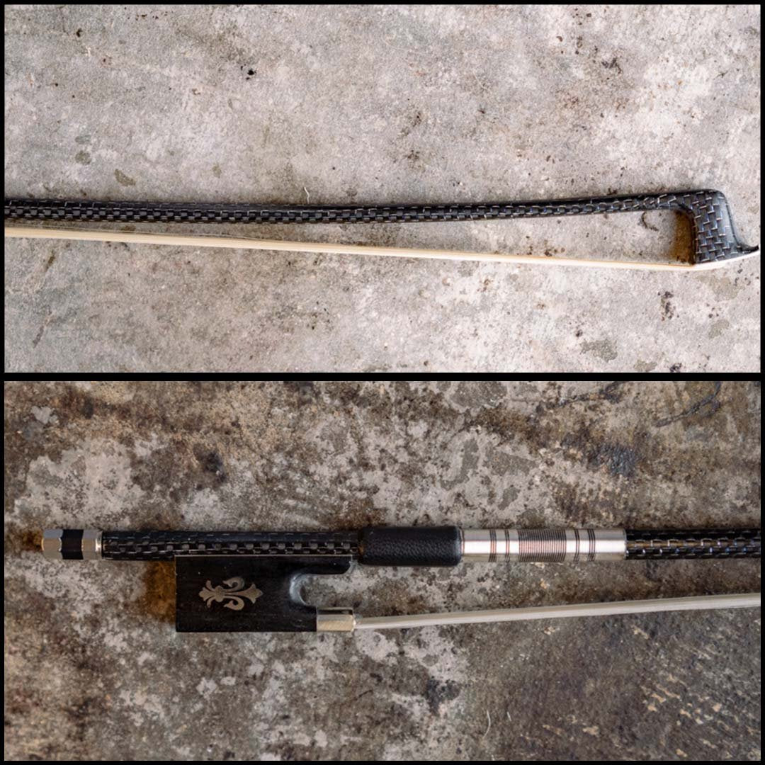 Two close-up views of the Howard Core Carbon 300 4/4 Violin Bow BLU show its carbon fiber tip and, below, the ebony frog and grip with silver accents, resting on a textured gray surface.