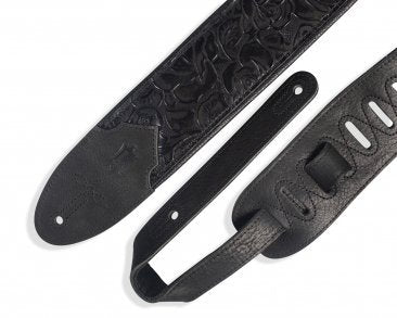 Close-up of Levy's Leather 3" Embossed Leather Guitar Strap (M4WP-007), featuring floral patterns, adjustable slots, and a garment leather backing, shown from various angles on a white background.