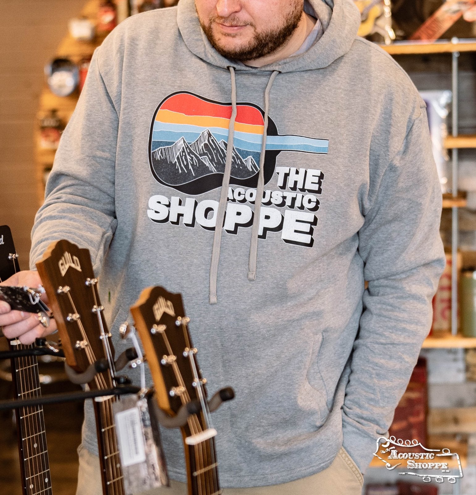 The Acoustic Shoppe "Scenic Guitar" Next Level Fleece Hoodie - Heather Grey