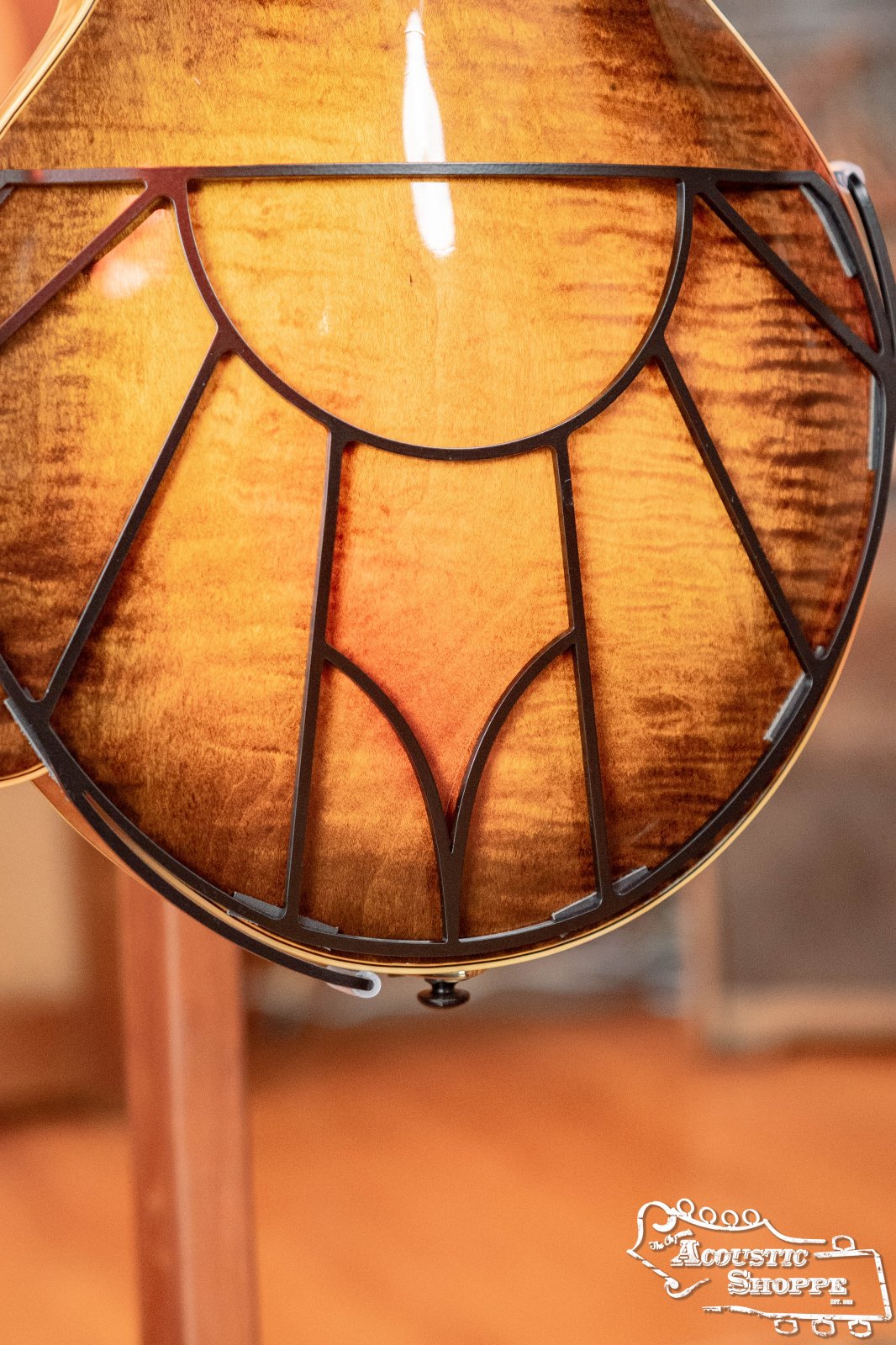 Close-up of the back of a mandolin fitted with the Tone-Gard Mandolin - Vintage, featuring a geometric metal frame design. The Acoustic Shoppe logo is visible in the bottom right corner.