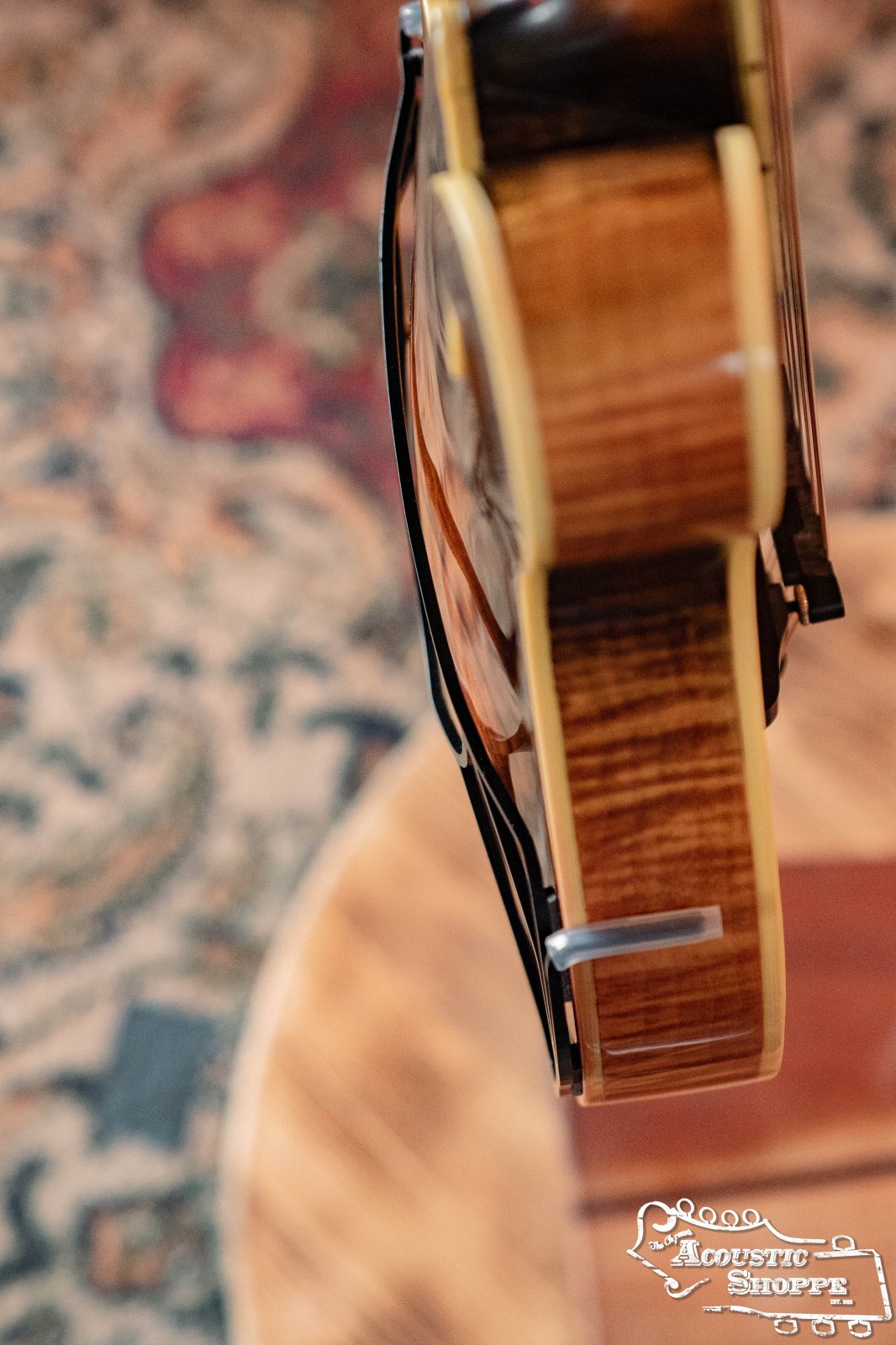 Overhead close-up of an acoustic guitars side, highlighting wood grain and curves, with a patterned rug and round wooden surface blurred behind. A Tone-Gard Mandolin - Vintage by Tone-Gard appears near the “Acoustic Shoppe” logo in the lower right corner.