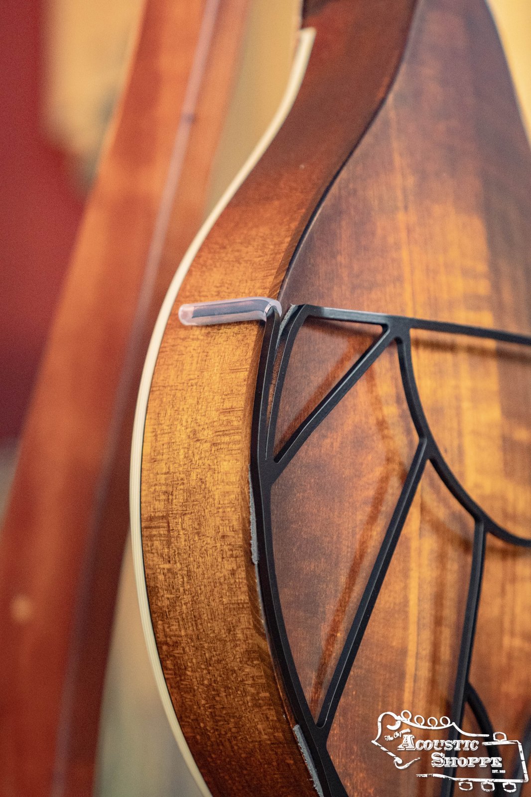 Close-up of a Tone-Gard Mandolin - Vintage by Tone-Gard attached to a wooden acoustic instrument, with “The Acoustic Shoppe” logo in the bottom right corner.