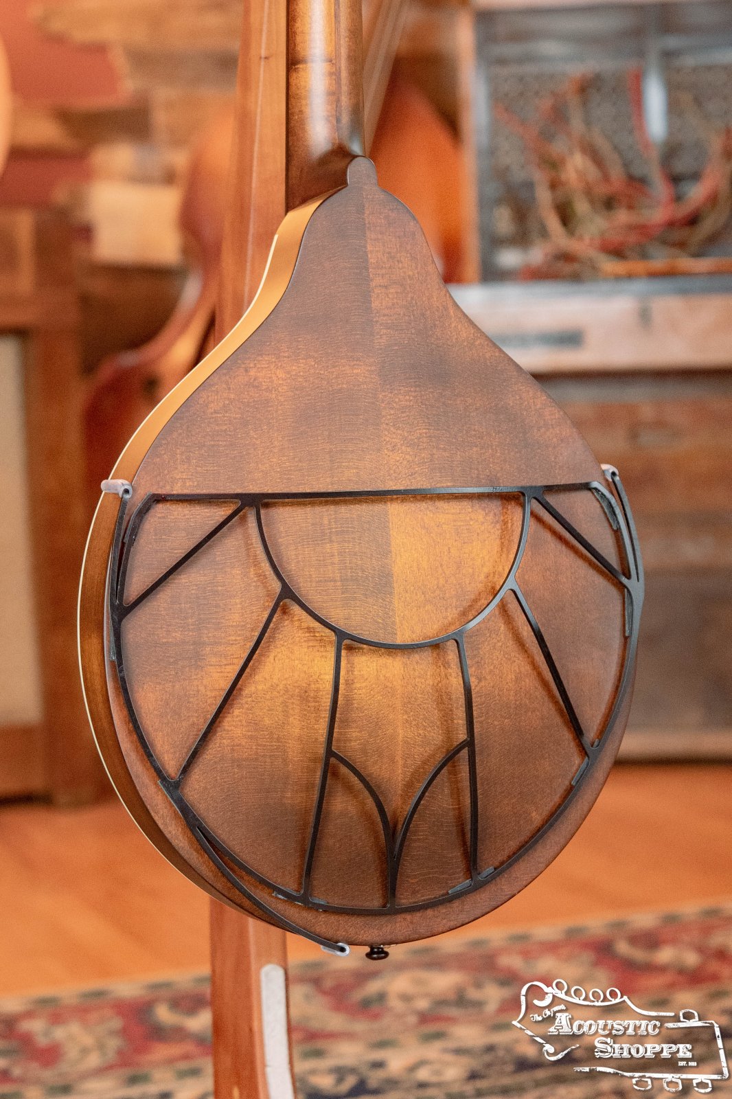 Close-up of a mandolin back with the Tone-Gard OM-Gard Octave Mandolin accessory by Tone-Gard. The geometric metal frame enhances mandolin tone. Rustic wood accents in background; Acoustic Shoppe logo at bottom right.