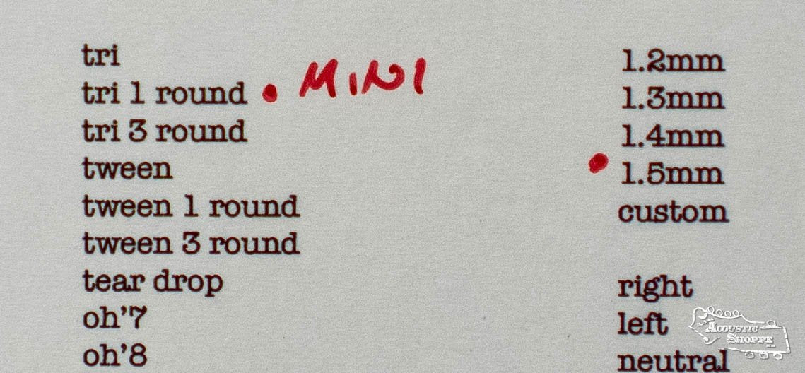 Typed list of tattoo needle styles/sizes, such as Tri, Tween, Tear Drop; "MINI" handwritten in red beside Tri 1 Roundβreferencing the ToneSlabs Mini Tri 1Round Guitar Pick (1.5mm) and its pick shape. Dot at 1.5mm. Custom/right/left/neutral noted.
