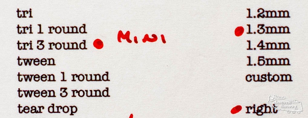 A close-up of printed text lists pick styles like the ToneSlabs TAS Custom Mini Tri 3Round Guitar Pick - 1.3mm (Exclusive Color) with handwritten red Mini and dots, highlighting ideal options for acoustic guitar accessories.