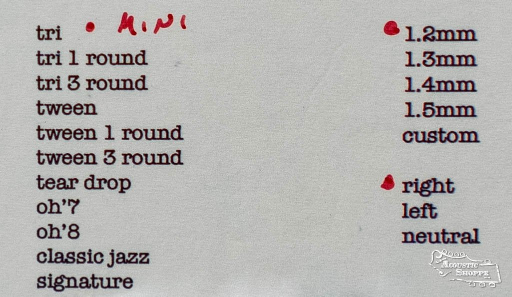 A list of guitar pick shapes and sizes with Mini handwritten by the triangle, red dots near 1.2mm, plus an Acoustic Shoppe watermark. Features the ToneSlabs Mini Tri Guitar Pick - 1.2mm from ToneSlabs as a reference.