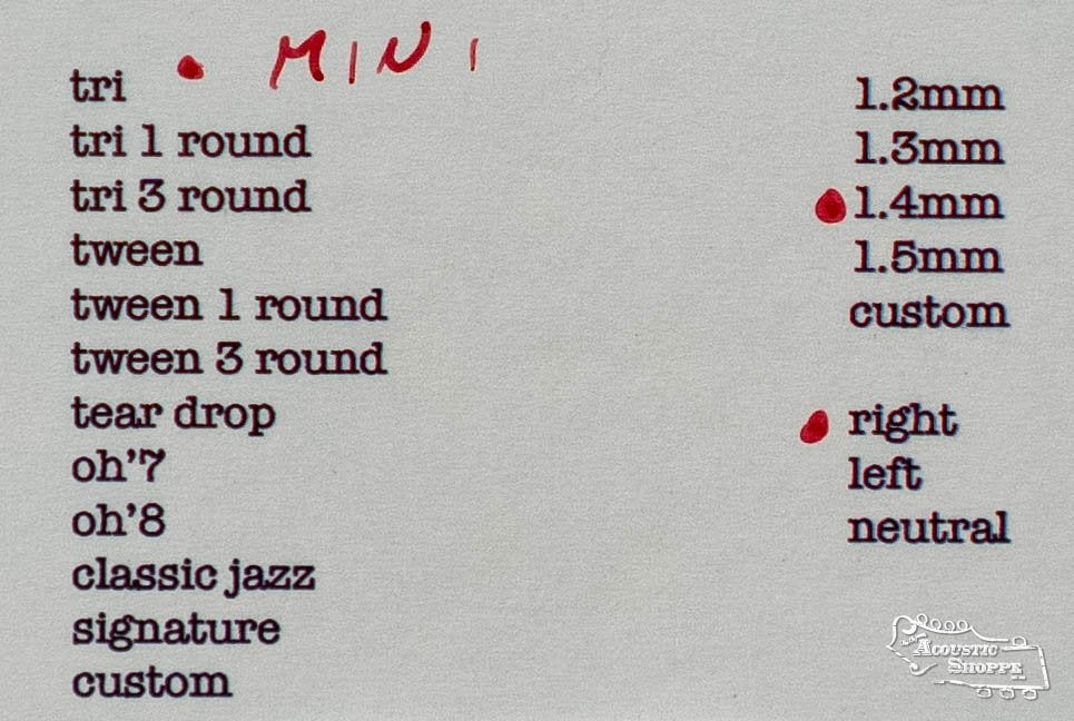 A typed list of guitar pick shapes and thicknesses features MINI handwritten in red by ToneSlabs Mini Tri Guitar Pick - 1.4mm, with red dots by 1.4mm and right. Acoustic Shoppe and ToneSlabs are printed in the lower right corner.