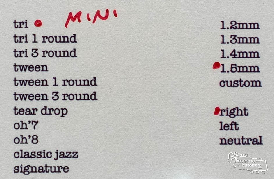 Typed list of guitar pick shapes and sizes, featuring ToneSlabs Mini Tri Guitar Pick - 1.5mm by ToneSlabs, with handwritten red text and dots highlighting MINI, 1.5mm, and right. Info covers sizes, shapes, measurements, and handedness options.