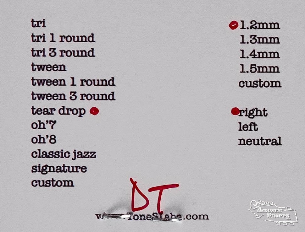 A printed menu shows various Imide guitar pick shapes and sizes, including the ToneSlabs Darth Tone Series Tear Drop Guitar Pick (1.2mm); Right, DT, and select ToneSlabs picks are marked in red.