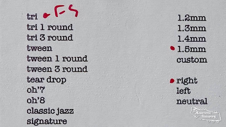 A typed list of guitar pick shapes and thicknesses features boutique picks like the ToneSlabs Frank Solivan Guitar Pick 1.5 by ToneSlabs. Some shapes are marked in red, thicknesses range from 1.2mm to custom, with The Acoustic Shoppe logo bottom right.