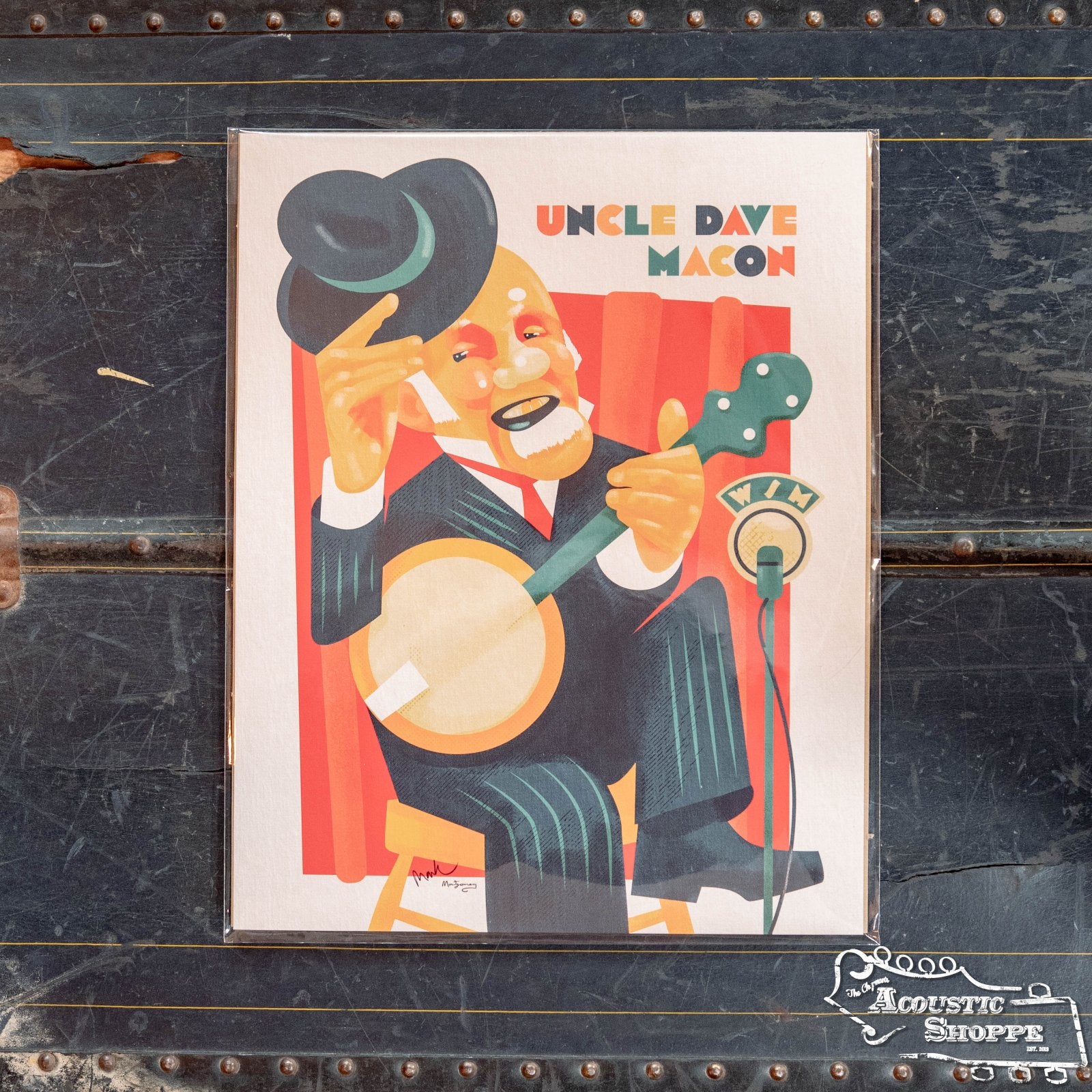 A vibrant 11x14 fine art print by Mark A Montgomery features a smiling man in a striped suit with a banjo and tipped hat, "Uncle David Macon" beside him, and a vintage W M microphone—signed by the artist.