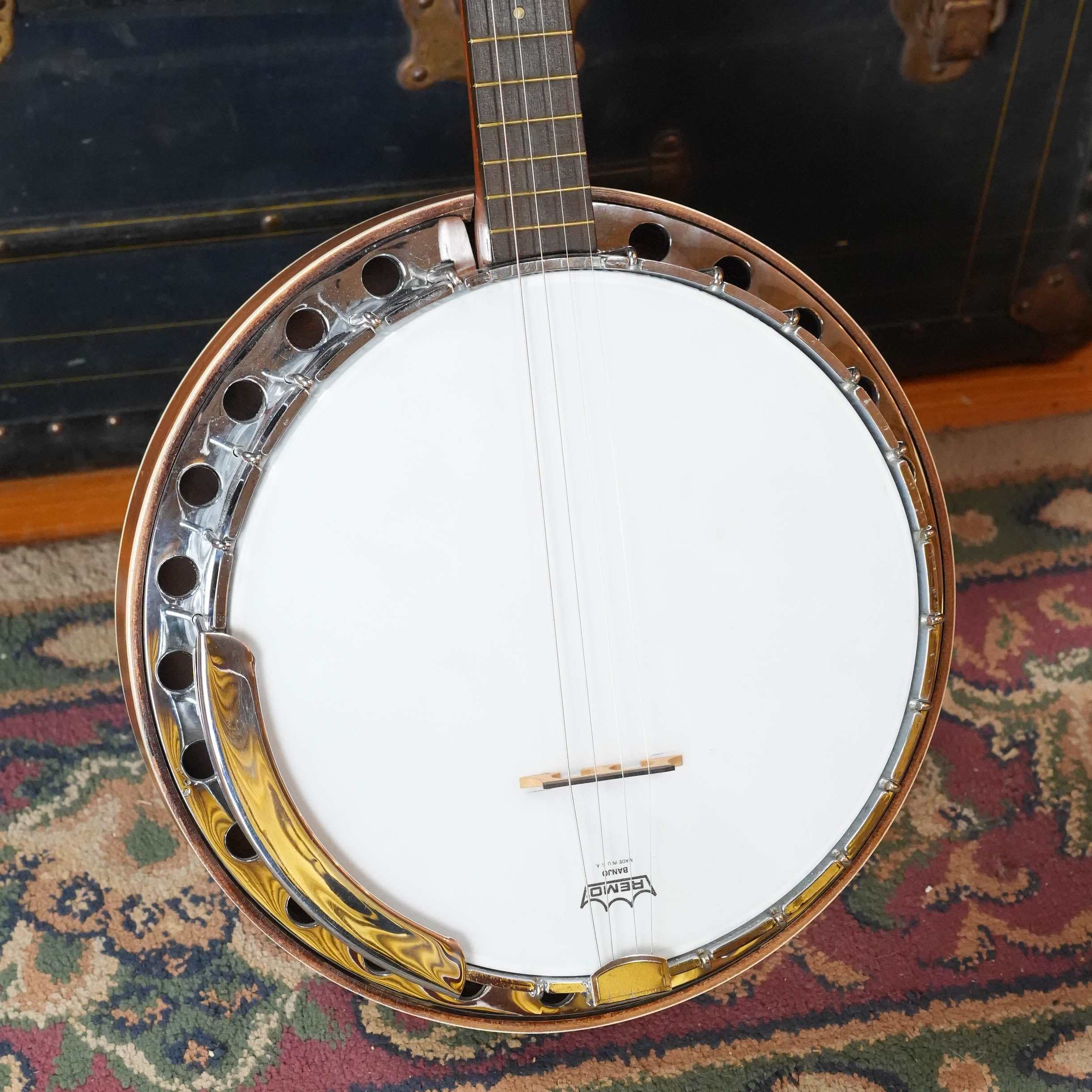 (Used) 1970s Unbranded Aluminum Rim Tenor Banjo with Decorative Inlayed Resonator