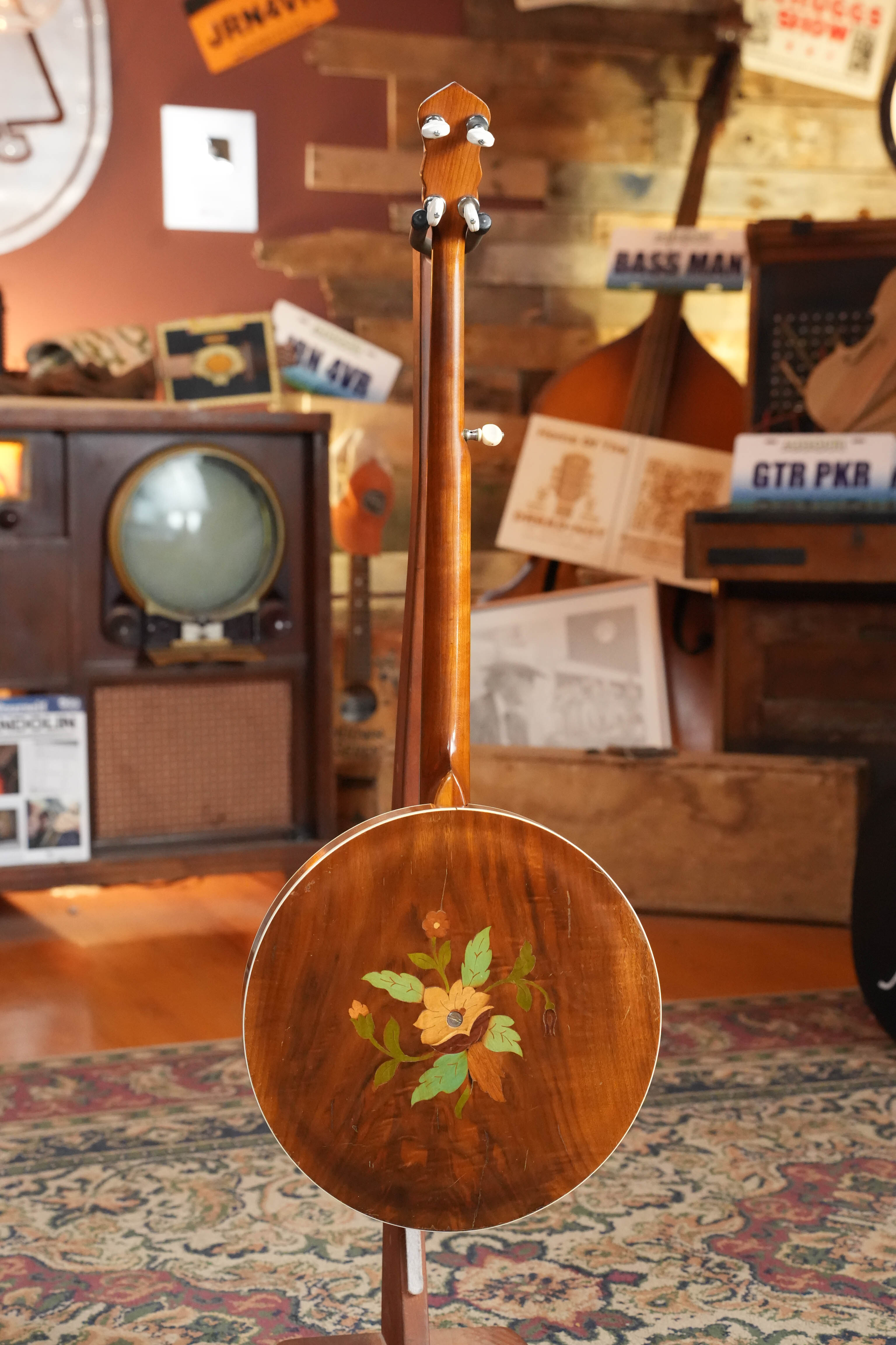 (Used) 1970s Unbranded Aluminum Rim Tenor Banjo with Decorative Inlayed Resonator