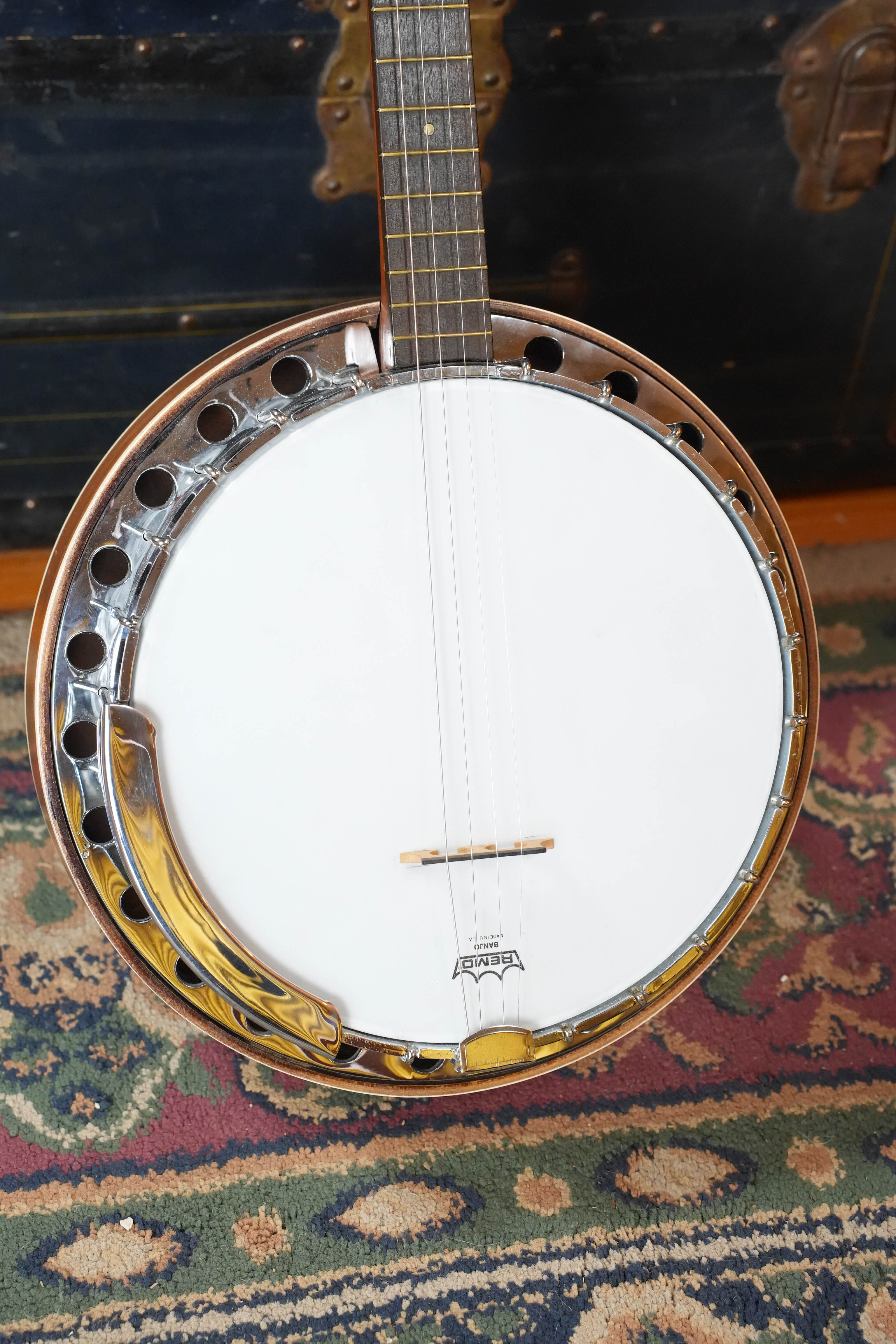 (Used) 1970s Unbranded Aluminum Rim Tenor Banjo with Decorative Inlayed Resonator