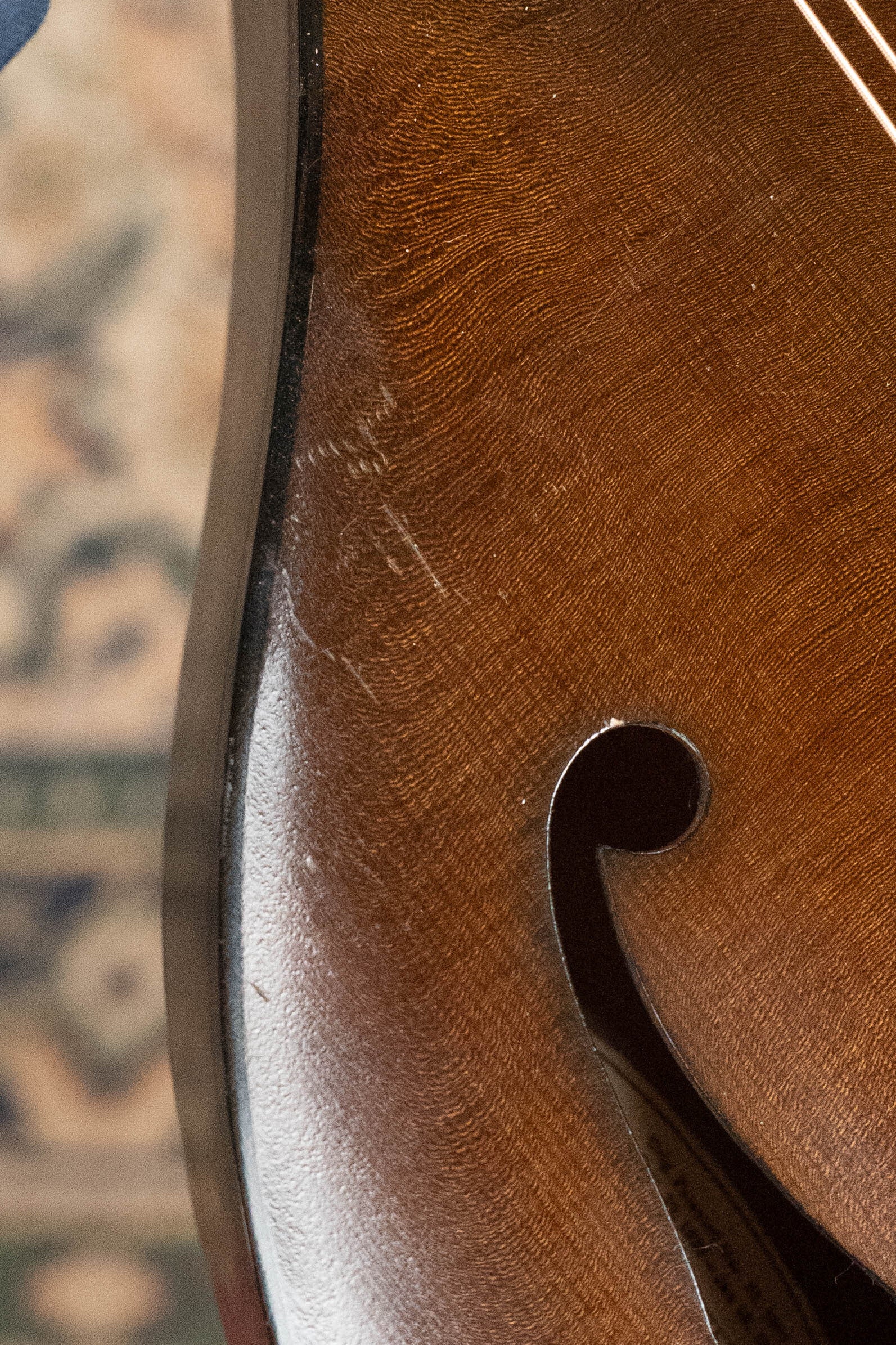 Close-up of a (Used) 2003 Gibson Mastermodel A9 Spruce/Maple Mandolin #7040 by Gibson, featuring its curved body, detailed wood grain, and f-hole. A patterned rug in the blurred background enhances the classic bluegrass atmosphere.