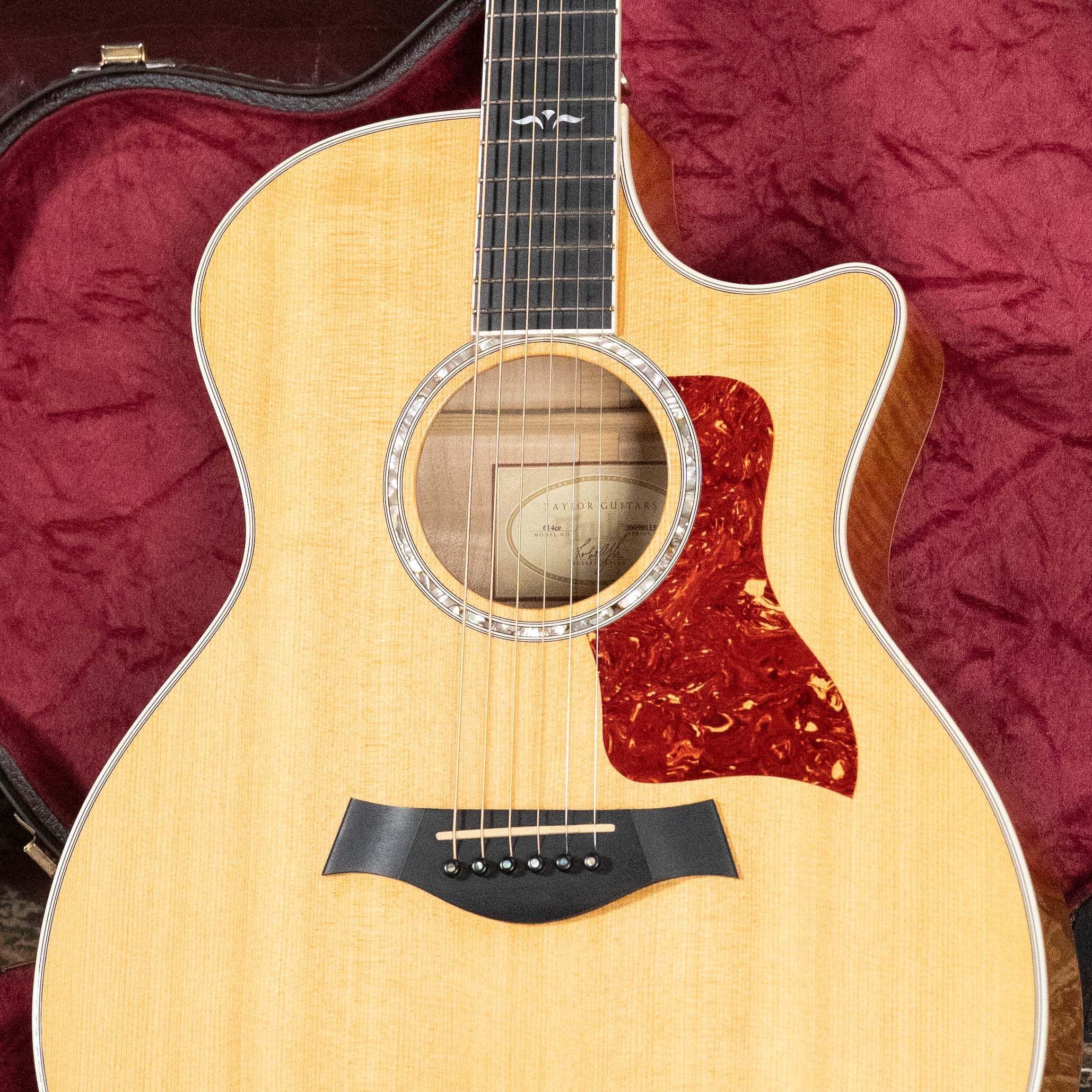 Close-up of a (Used) 2009 Taylor Guitars 614CE Grand Auditorium with torrefied Sitka spruce top, maple back/sides, decorative rosette, tortoiseshell pickguard, and black bridge in a red velvet-lined hard case.