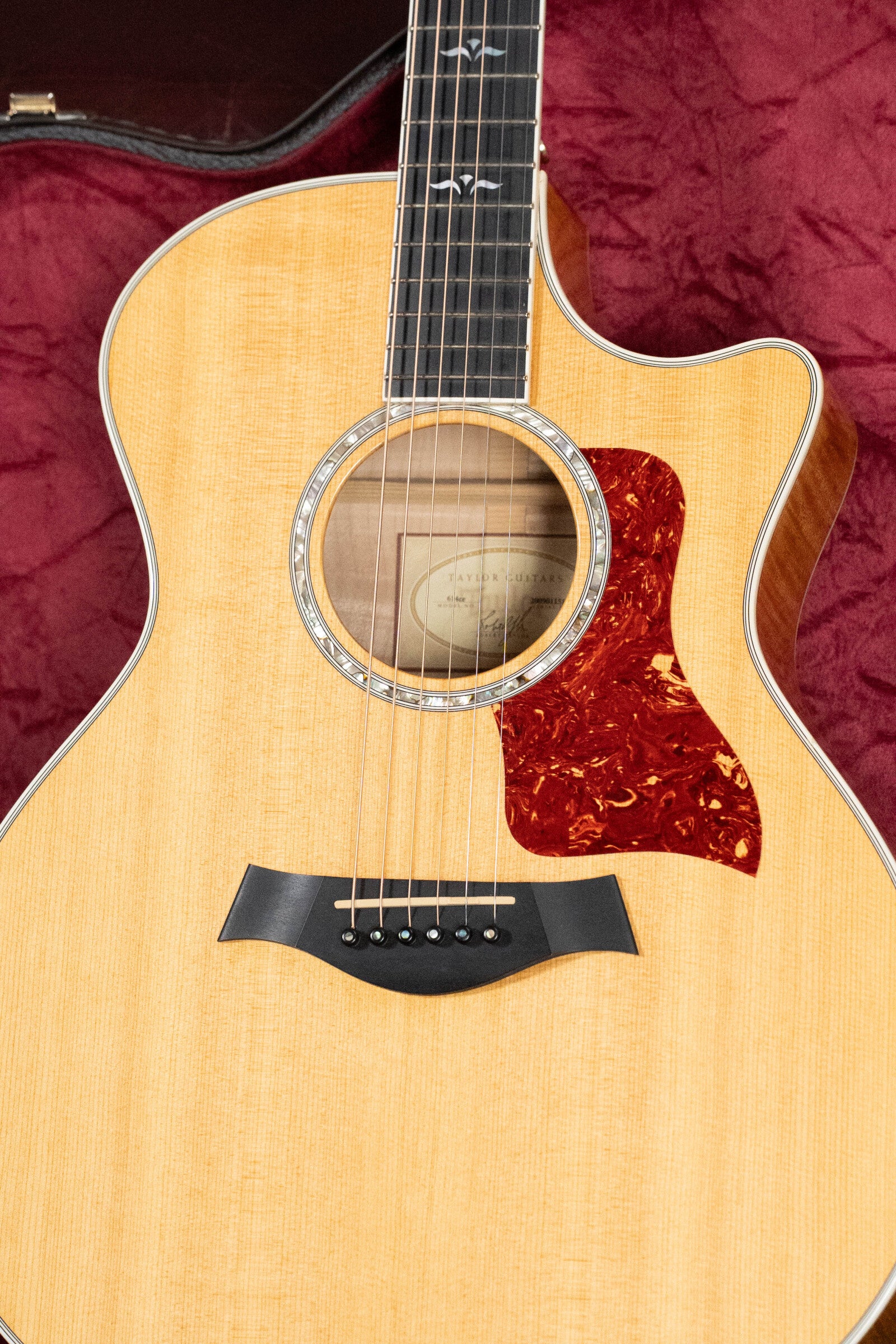 Close-up of a (Used) 2009 Taylor Guitars 614CE Torrefied Sitka/Maple Grand Auditorium Cutaway with pickup, featuring a decorative rosette, dark bridge, and reddish-brown pickguard on a plush burgundy background.