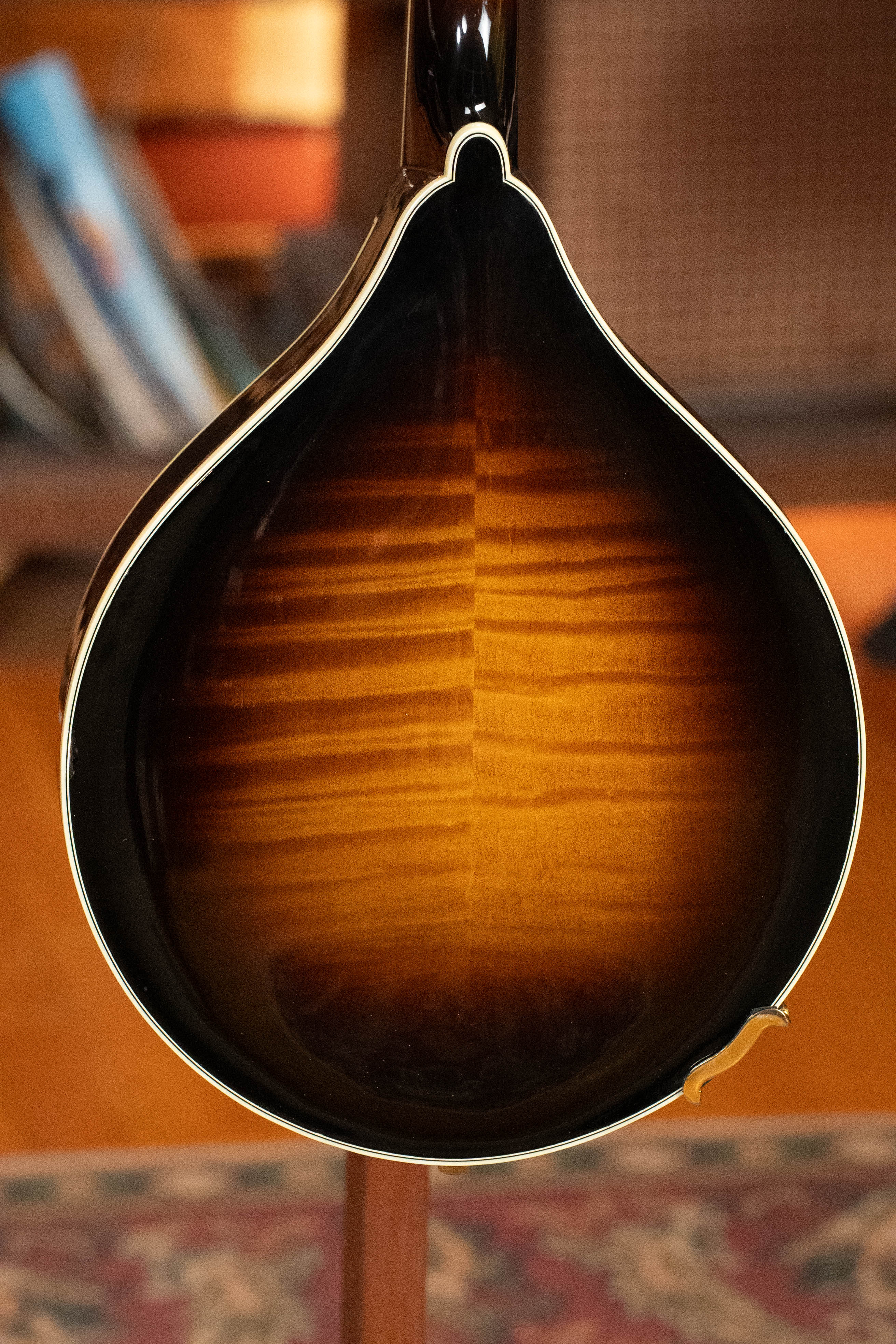 Close-up of the back of a used 2016 Weber Fern A-Style Mandolin (#2801) with a glossy sunburst finish, cream binding, and striking wood grain. The background is softly blurred with hints of furniture and patterned carpet visible.