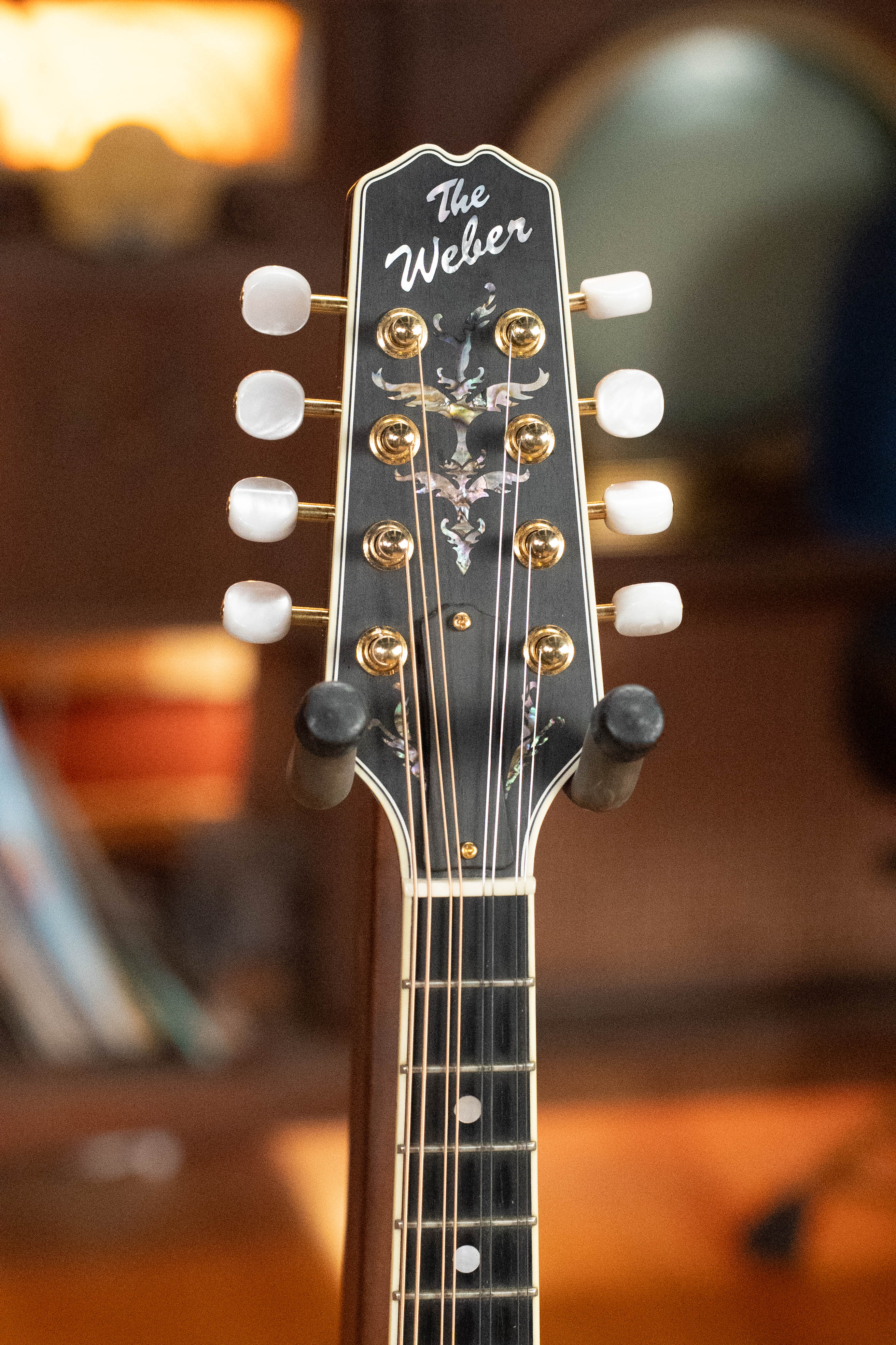 Close-up of the headstock on a (Used) 2016 Weber Fern A-Style Mandolin #2801, showing gold hardware, floral inlay, tuning pegs, and part of the fretboard. Crafted by Weber with red spruce and flamed maple. Blurred books and furniture in the background.
