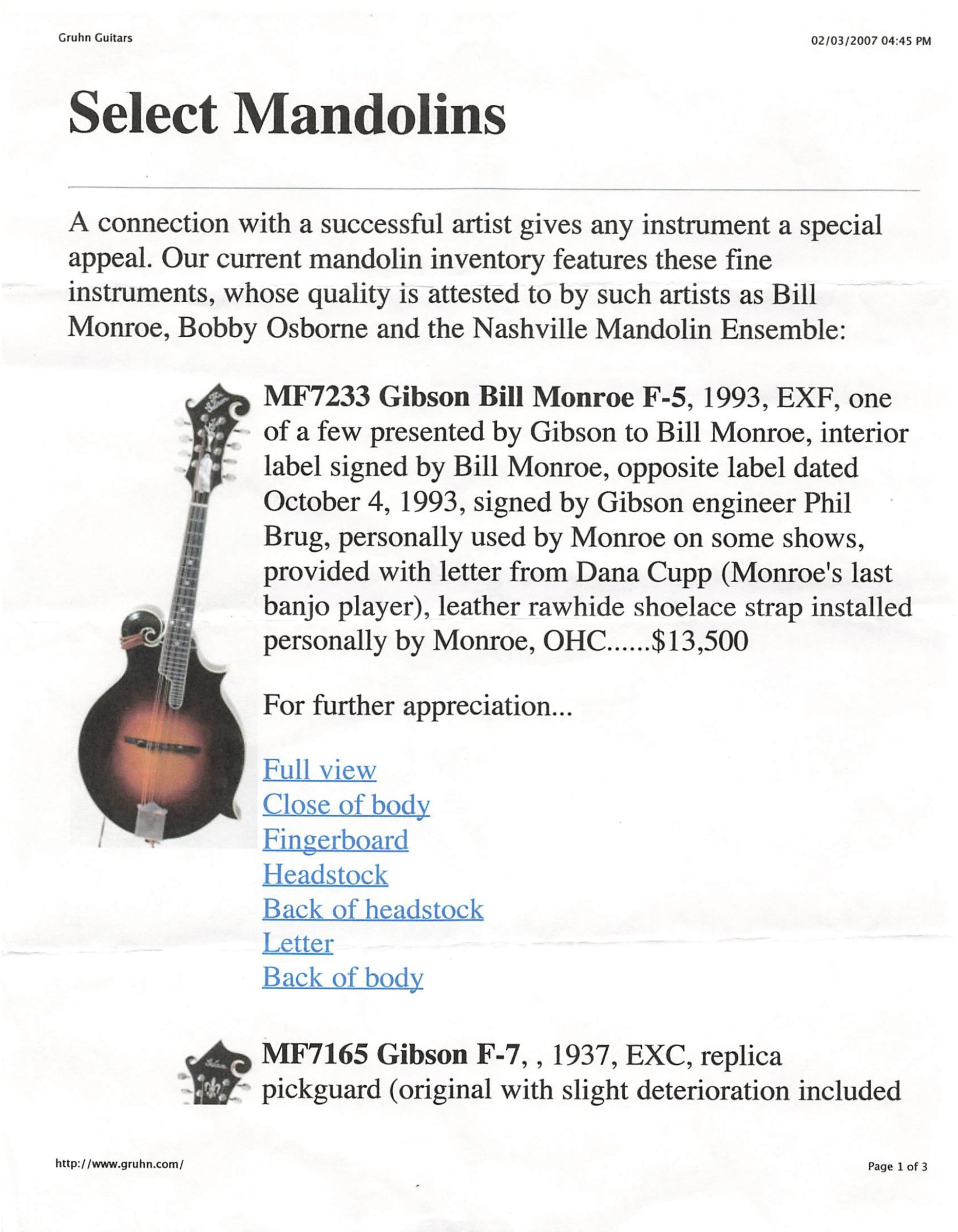 (Used) October 1993 Gibson Certified Authentic Bill Monroe F-Style Mandolin