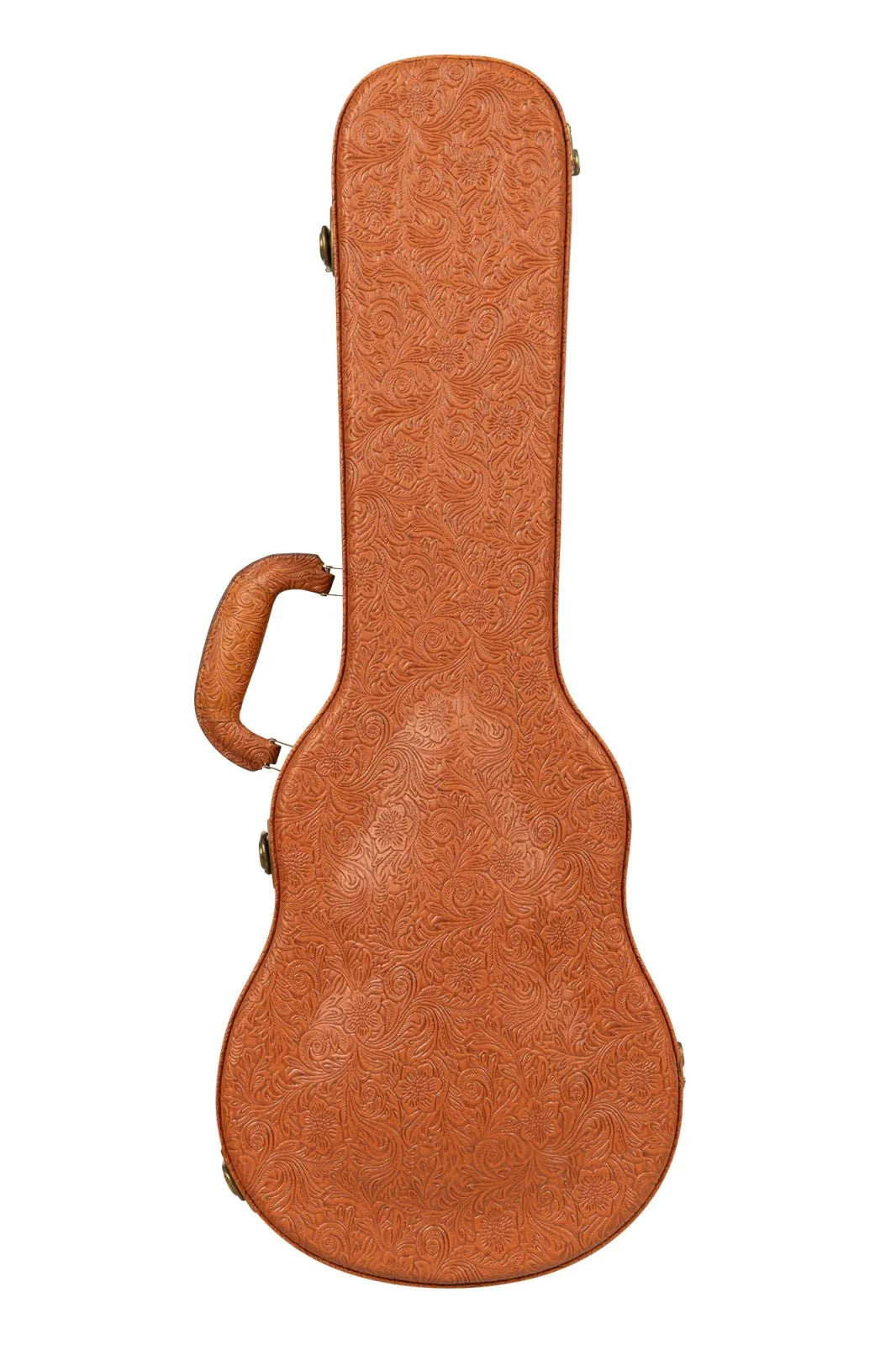The Kala Western Embossed Archtop Ukulele Hard Case - Tenor by Kala features a tan, floral-embossed design, a left-side handle for easy carrying, and an archtop shape tailored for tenor ukuleles.
